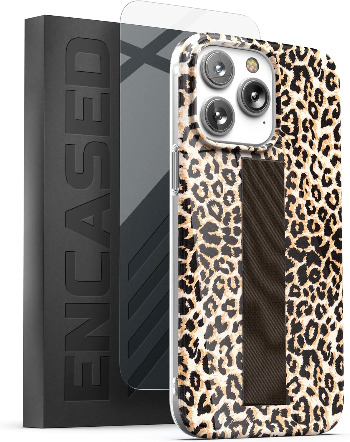 Funda de mano diseñada para iPhone 14 PRO con correa y protector de pantalla templado (leopardo)