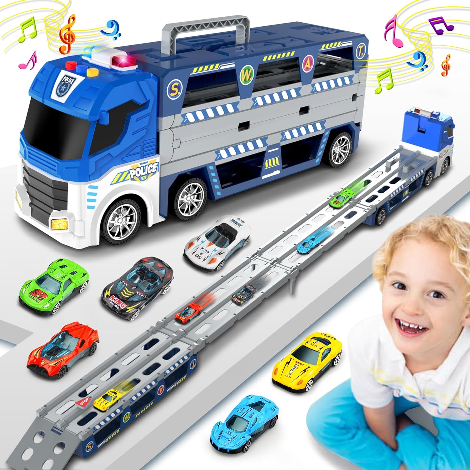 DWI Dowellin – Camión transportador de coche, incluye 6 autos de carreras de metal, 53.1 in, plegable y deformable, catapulta con iluminación LED y