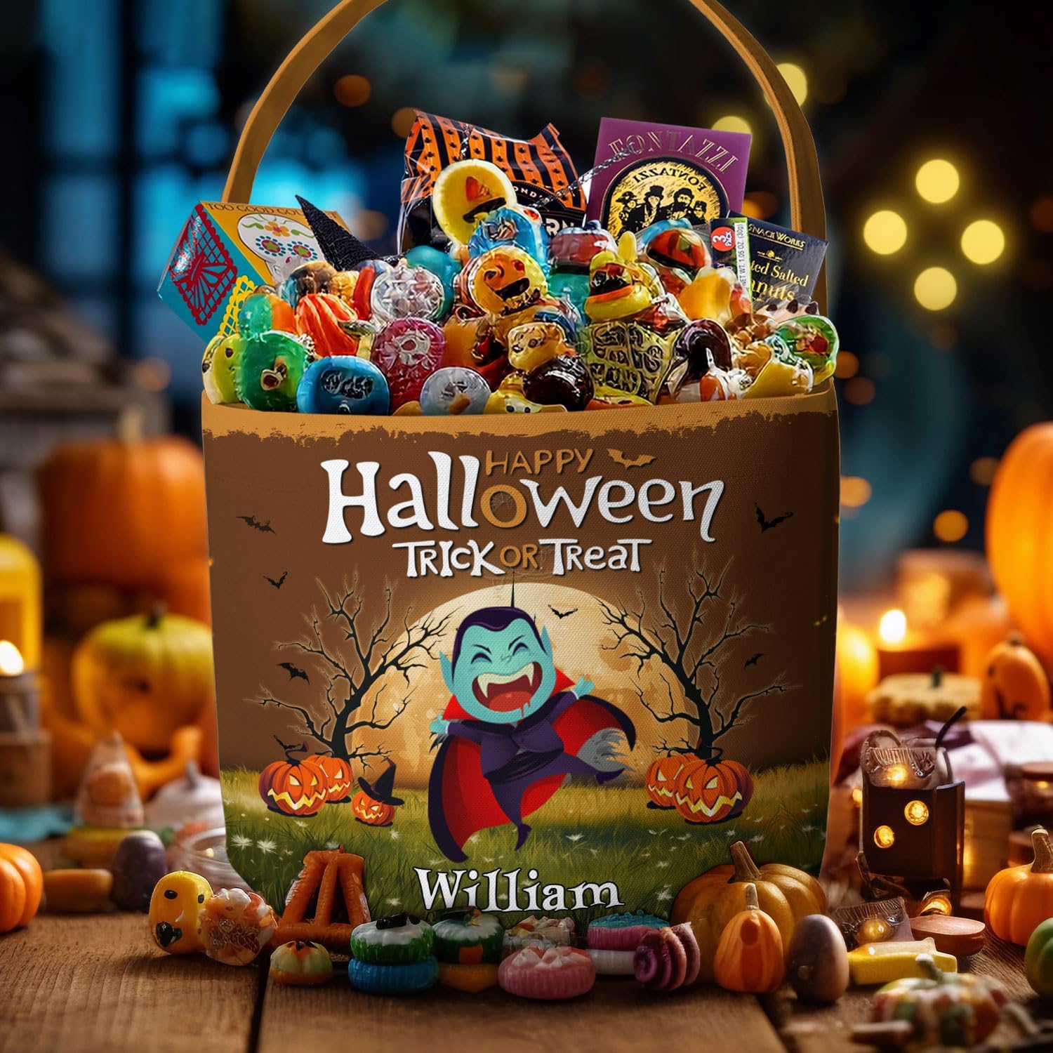 Macorner Cubo espeluznante personalizado de Halloween, regalos de Halloween para niños, cubo de caramelo con patrón de calabaza, bolsas de mano para