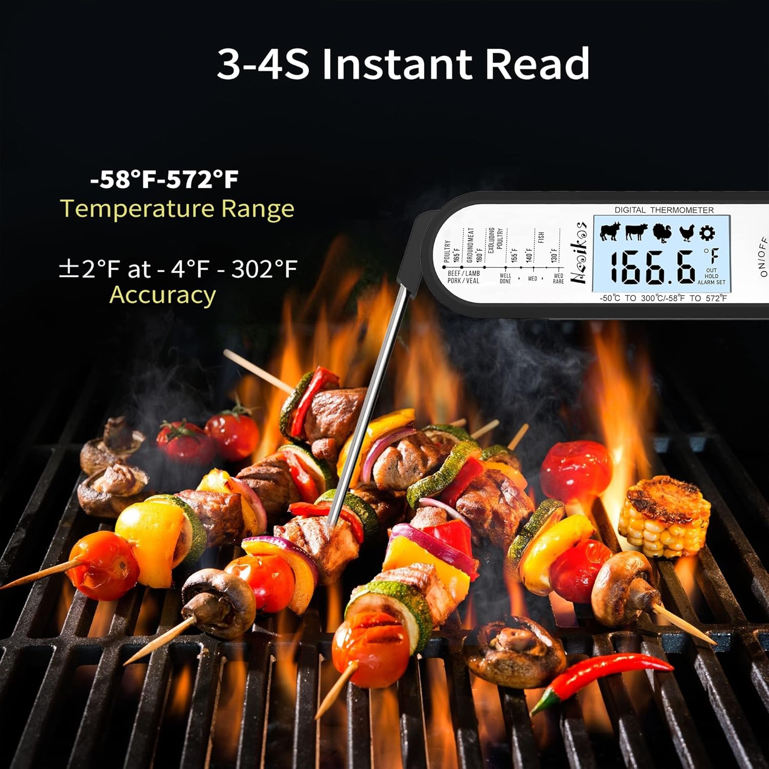 Termómetro digital para alimentos para carne, termómetro de cocina de lectura instantánea 23S, luz de fondo, imán integrado, calibración, sonda