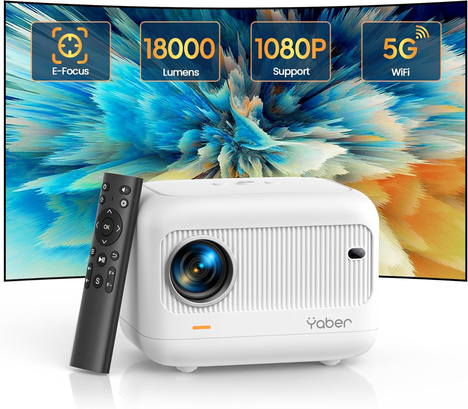 Enfoque eléctrico Mini proyector con WiFi 5G y Bluetooth 5.2, YABER 18000 lúmenes 1080P proyector para exteriores compatible con corrección