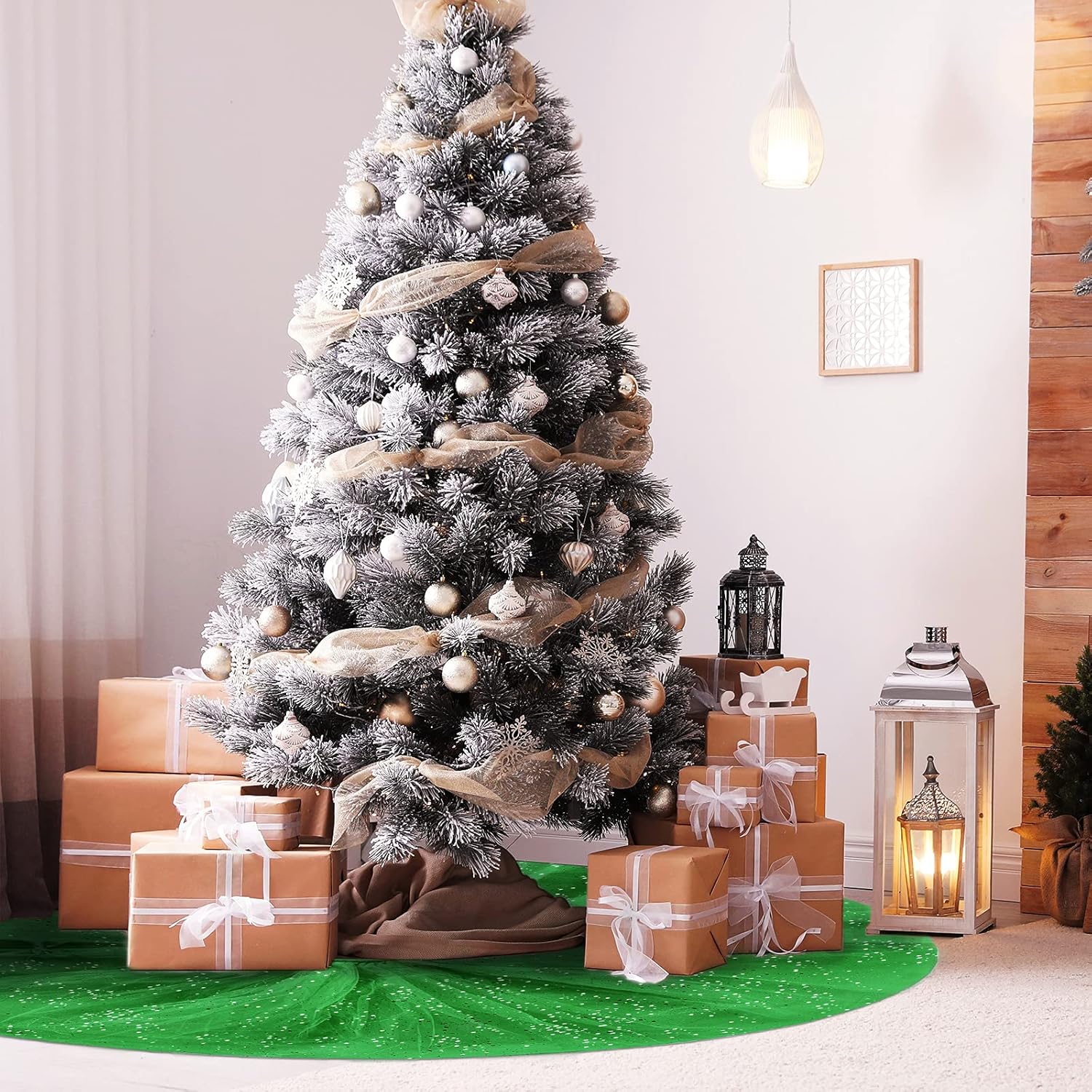 Falda de árbol de Navidad con volantes con brillantina, falda de tul para árbol de Navidad, lentejuelas de doble capa, alfombra redonda para