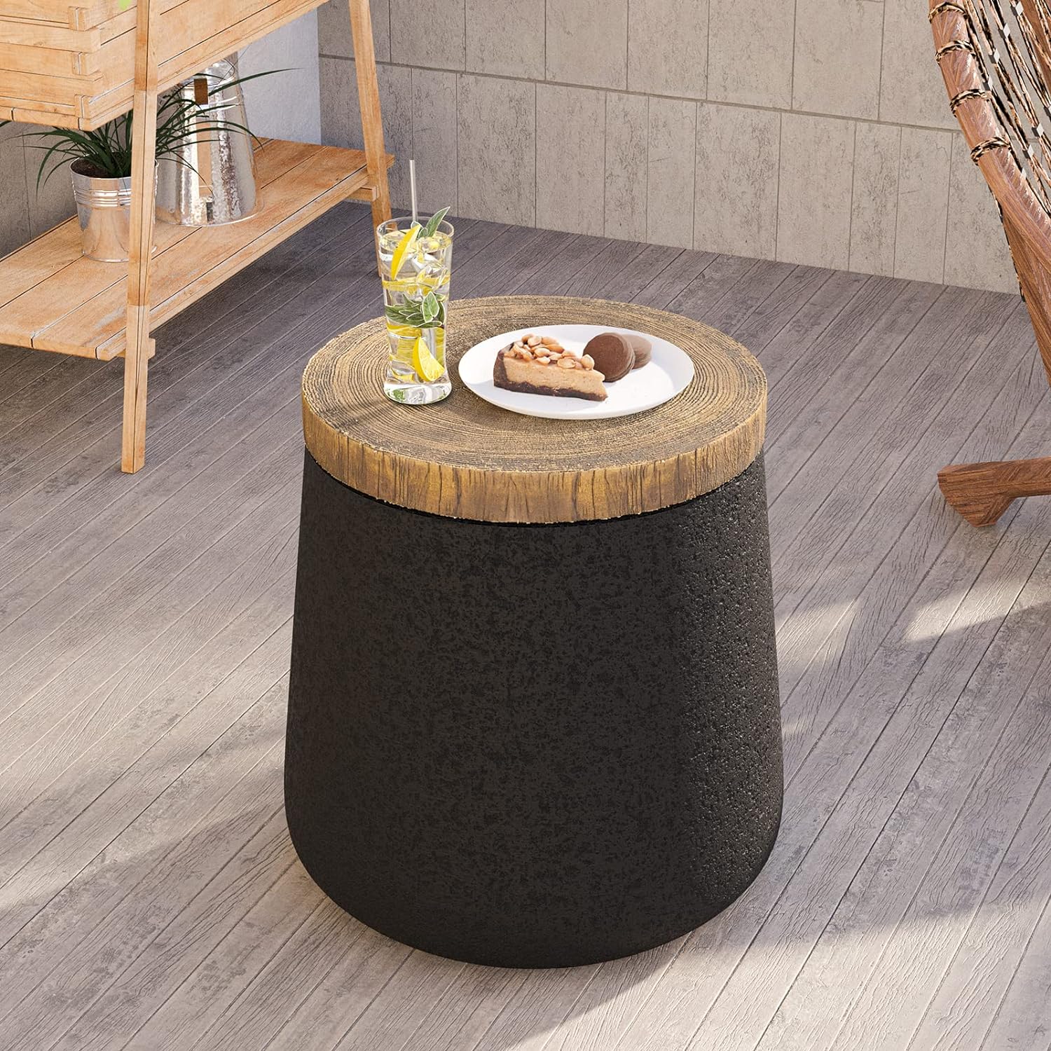 HOMPUS Mesa auxiliar de hormigón para exteriores, mesa auxiliar negra para patio, mesa auxiliar pequeña para exteriores con parte superior de grano