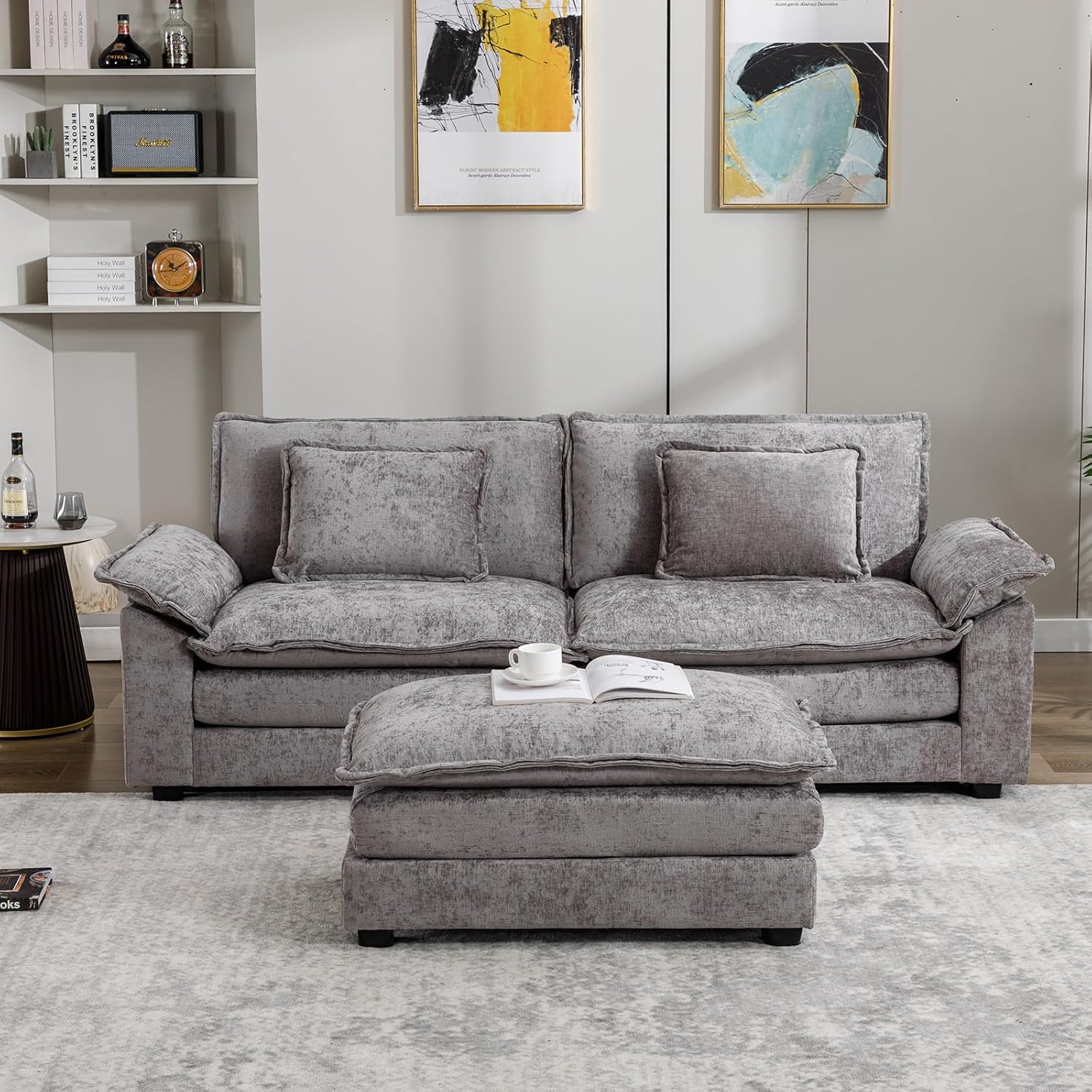 Cómodo sofá modular de felpilla de 85.4 pulgadas, cómodo sofá modular en forma de L para sala de estar, dormitorio, apartamento, oficina (gris claro)