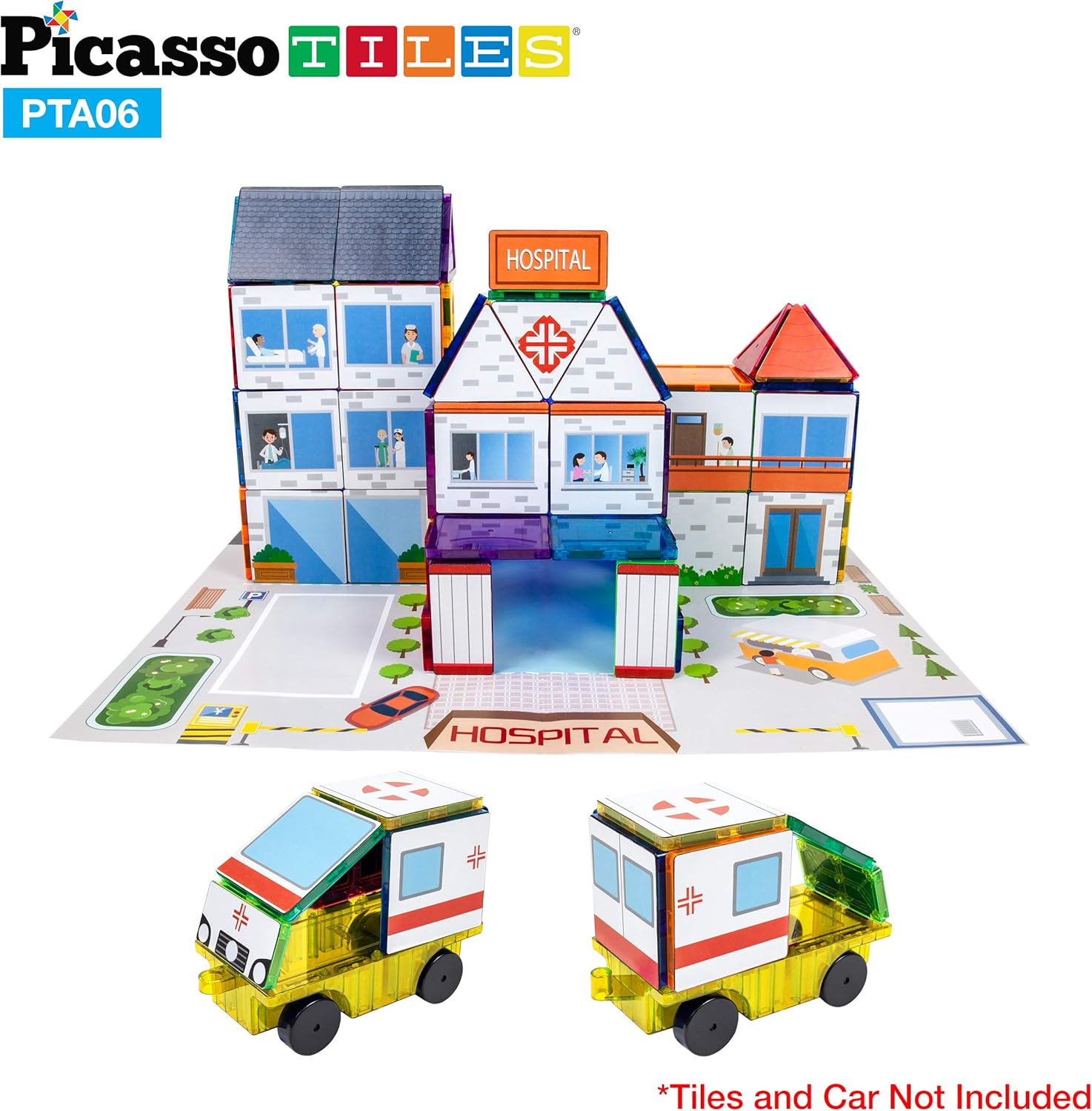 PicassoTiles Juego de 80 piezas para escuela, hospital, estación de policía 3 en 1, imán temático autoadhesivo con parte trasera adhesiva,