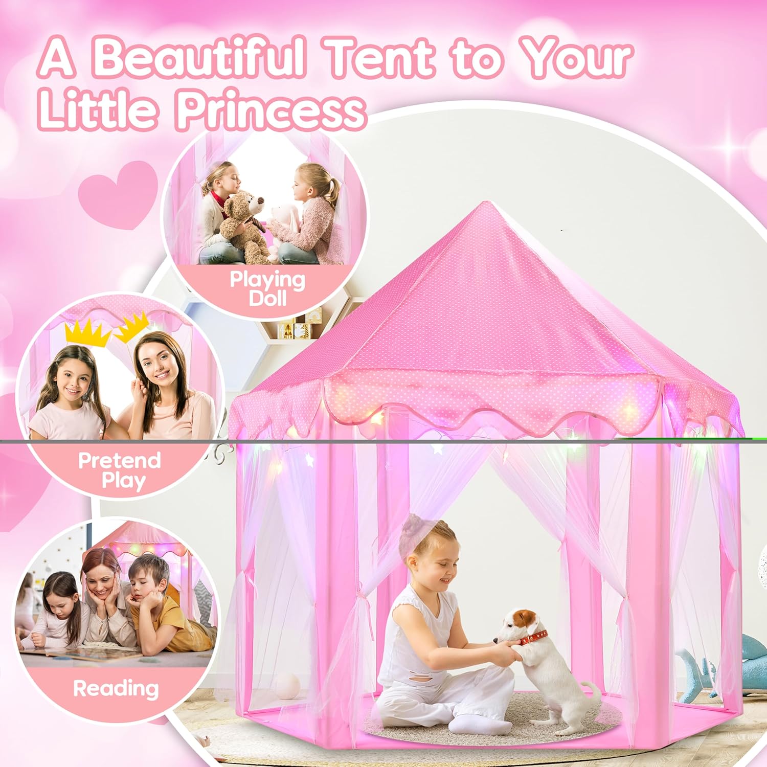 BELLOCHIDDO Tienda de campaña de princesa para niñas, tienda de campaña rosa con luces LED de estrella, castillo de princesa, casa de juegos para