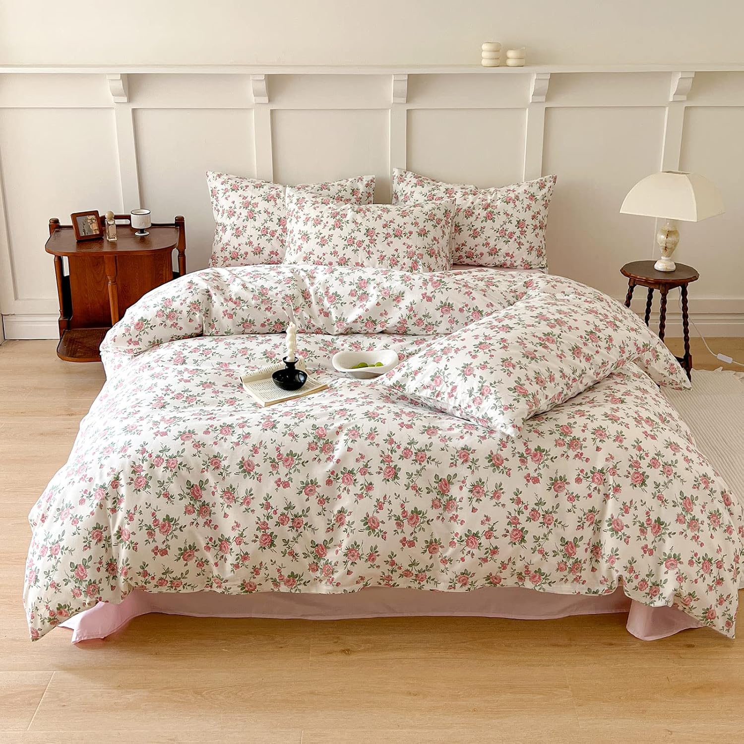EAVD Juego de funda de edredón floral rosa, tamaño individual, suave, 100% algodón, juego de ropa de cama floral de jardín con 2 fundas de almohada,