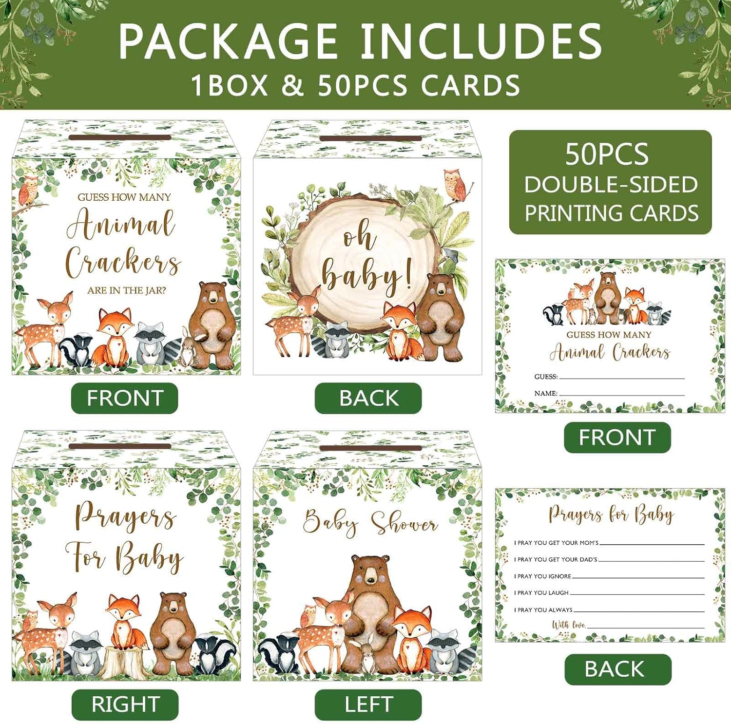 Woodland Guess How Many Animal Crackers – Juego de adivinanzas, caja de juego de adivinanzas para baby shower de bosque y oraciones para tarjetas de