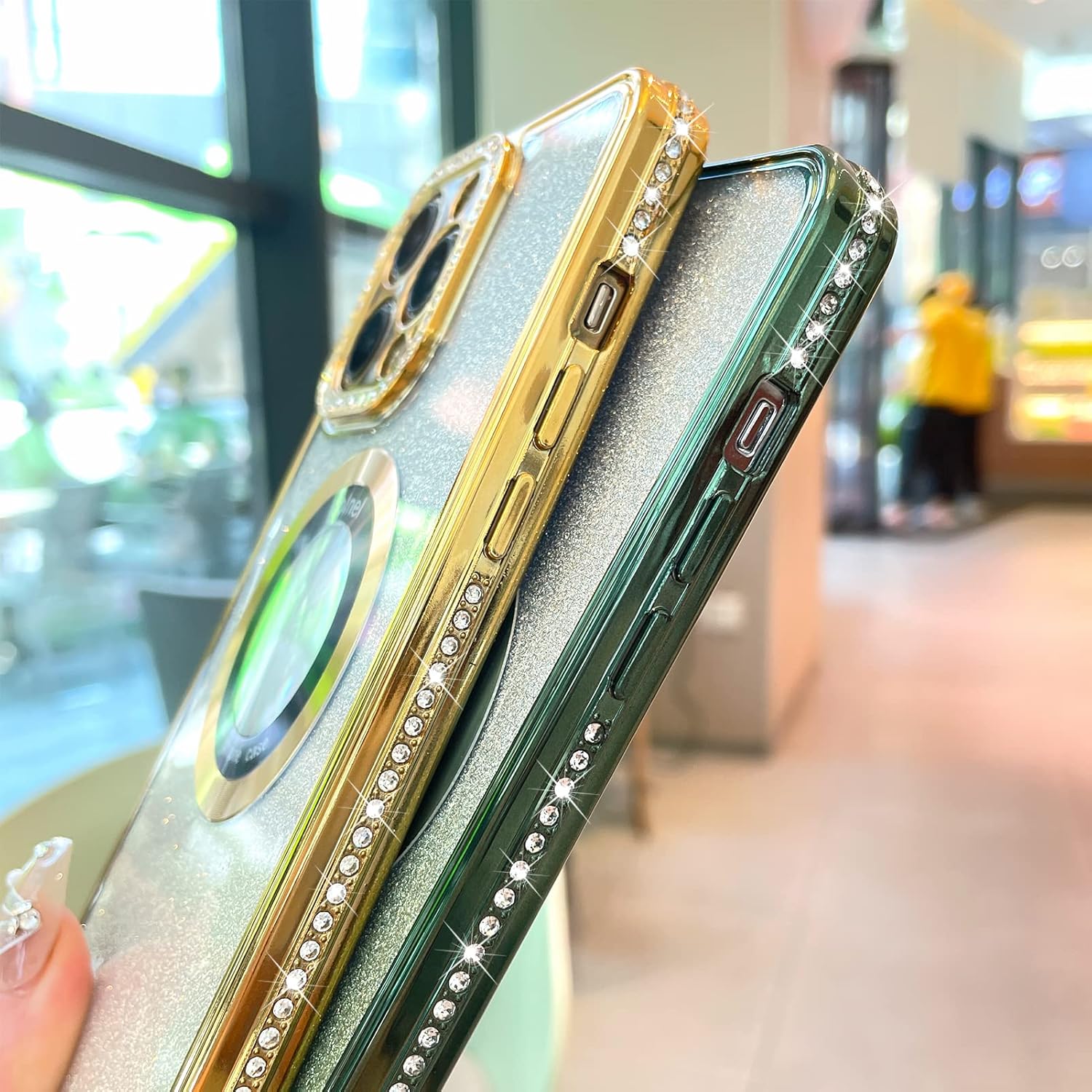 MZELQ Funda para iPhone 14 Pro Max con purpurina degradada Soporte para MagsafeProtector de cámara con diamantes magnéticos, vista de logotipo,