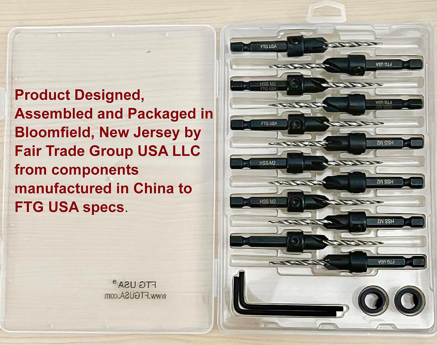 FTG USA Juego de brocas avellanadoras para 12 piezas, FTG ajustable, caja de plástico utilizada como estuche de almacenamiento para brocas