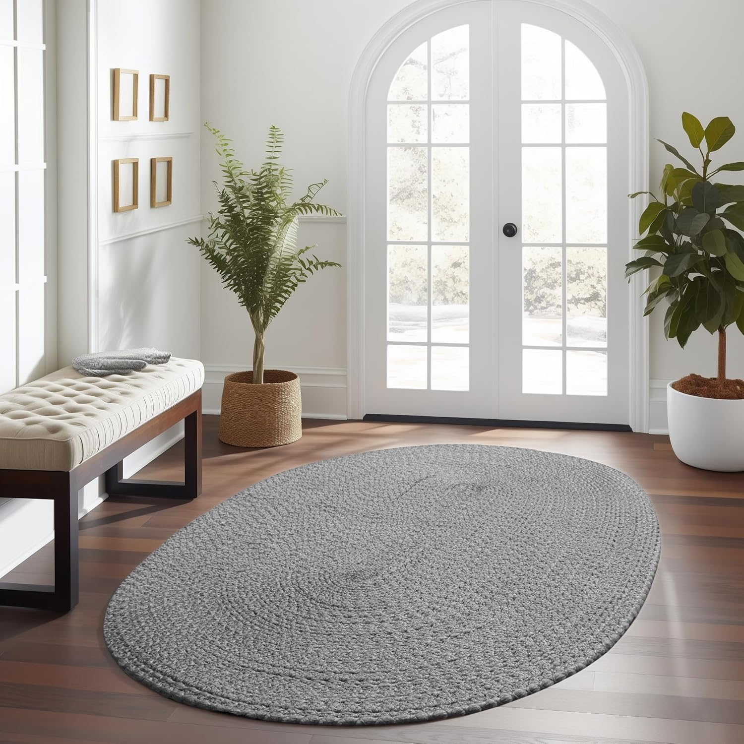 Super Area Rugs Alfombra trenzada gris para cocina campestre, alfombra primitiva duradera, ovalada, 4 x 6 pies