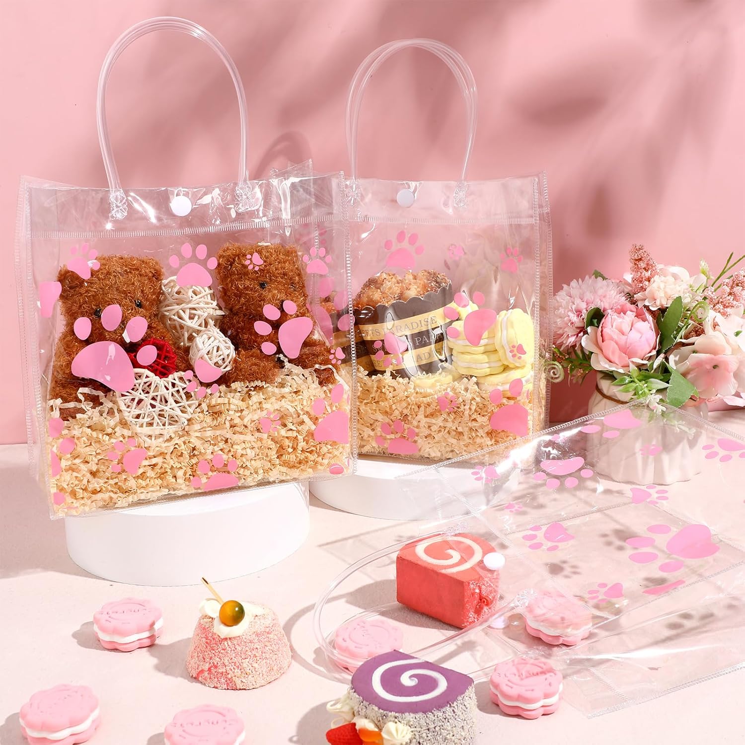 Teling Paquete de 20 bolsas de regalo de PVC transparente con asa de perro con asa, bolsas de plástico reutilizables, bolsas de regalo transparentes