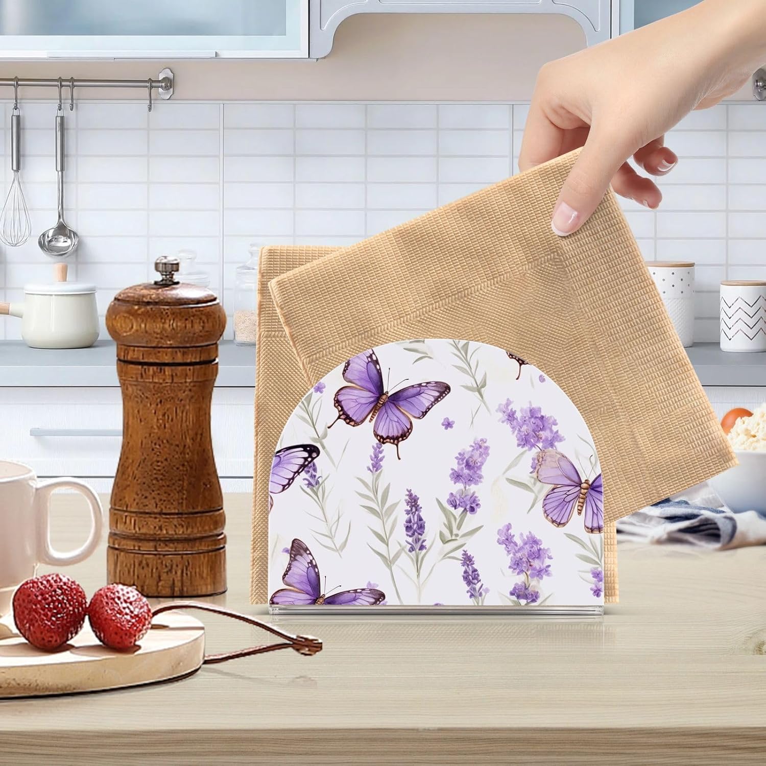 Servilleteros de mesa con mariposas y flores de lavanda para mesa, paquete de 2, soporte decorativo de acrílico para servilletas de cóctel, soporte