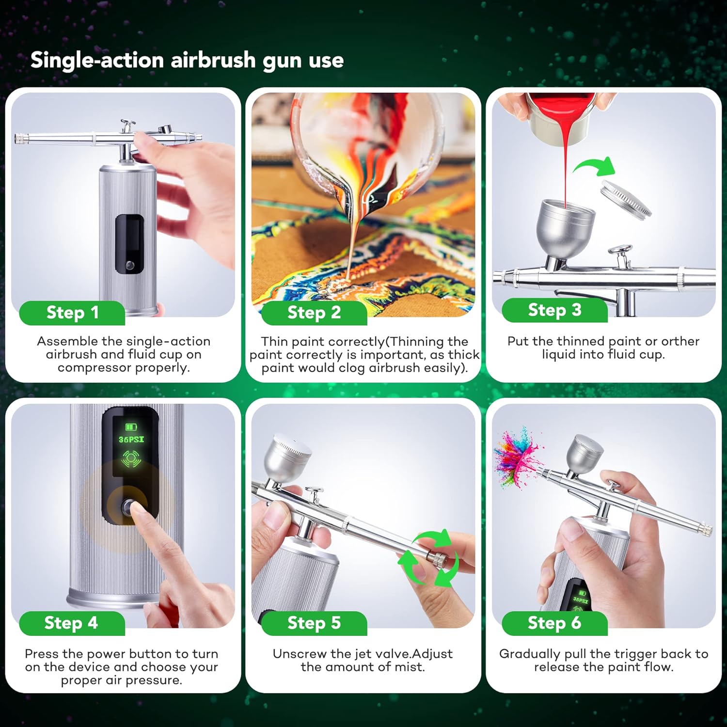 ANUINIT Kit de aerógrafo de 36 PSI con compresor, modo de doble acción, pantalla LCD, aerógrafo de mano inalámbrico para uñas, pasteles, maquillaje,