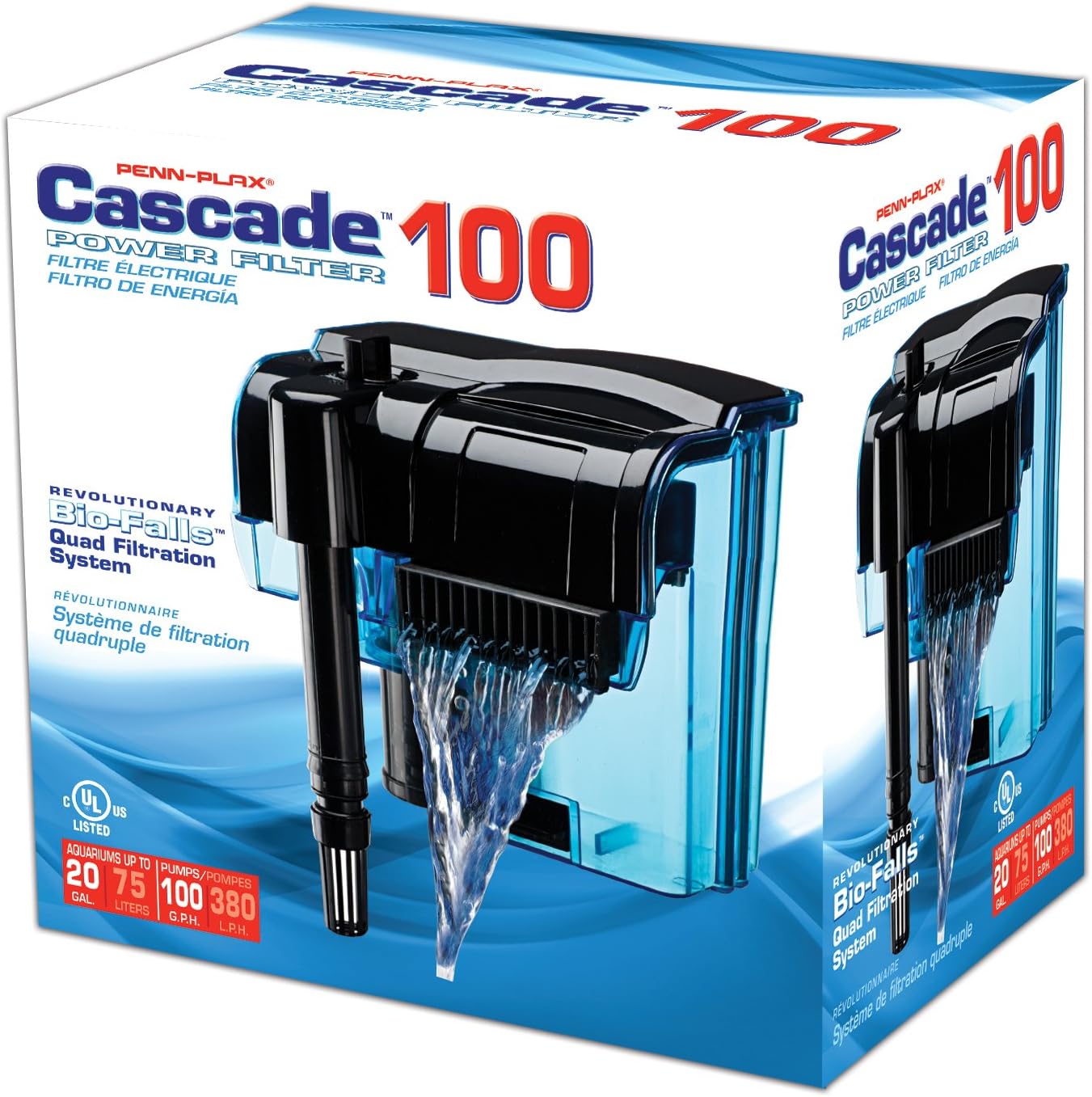 Penn-Plax Filtro de alimentación Cascade 100 – Filtro colgante con filtración cuádruple – Ideal para instalaciones de agua dulce y agua salada