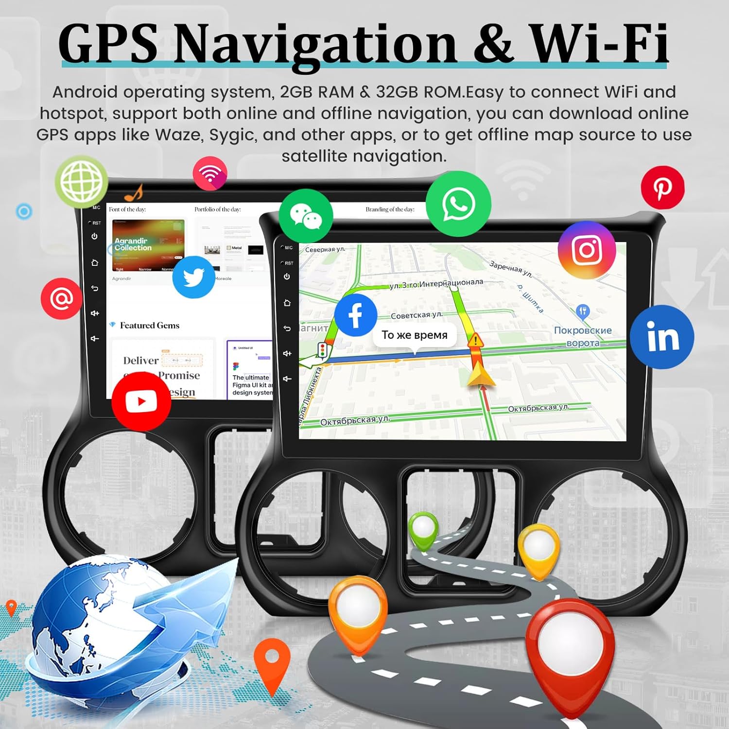 Radio inalámbrica Apple Carplay Android para automóvil para Jeep Wrangler 2015-2017, 2+32G 10.1 pulgadas pantalla táctil con Android AutoDSPGPSWiFi
