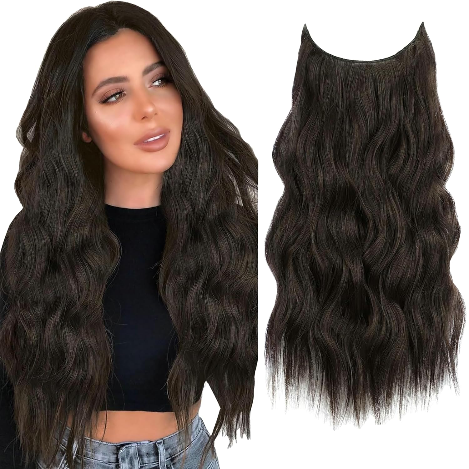 Extensiones de cabello con halo de alambre invisible, alambre transparente, tamaño ajustable, 4 clips de seguridad, 24 pulgadas de largo, ondulado,