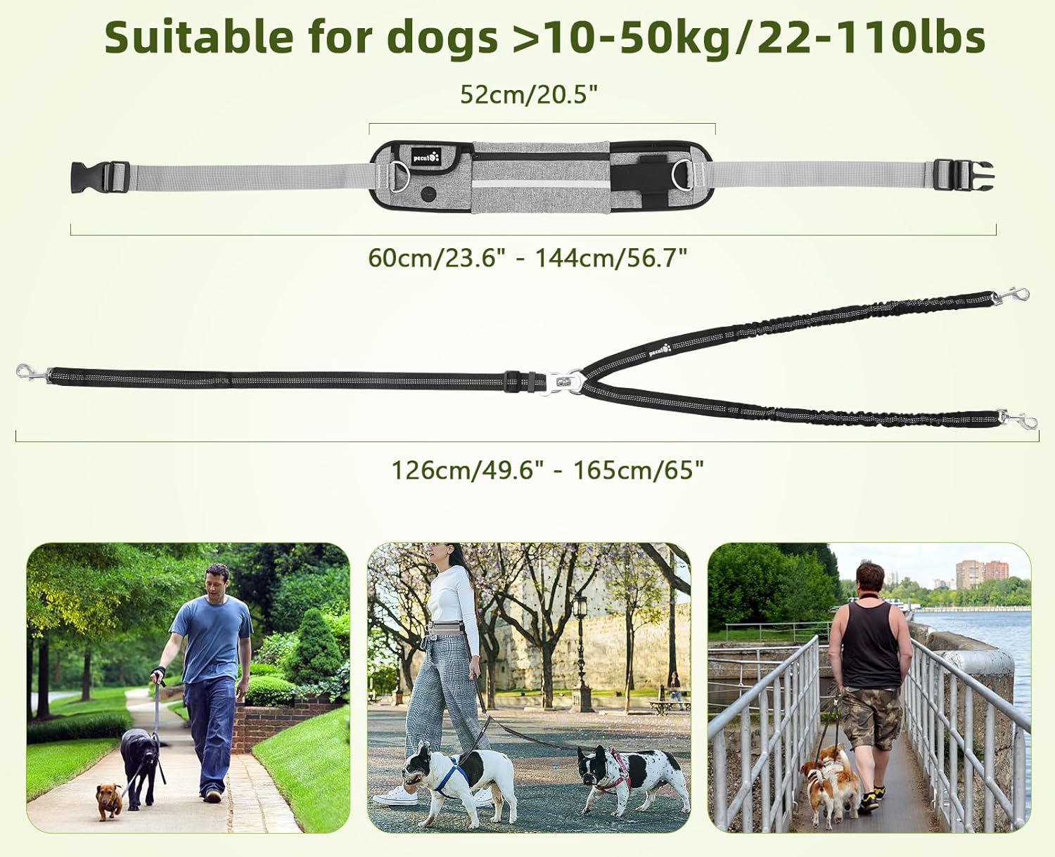 Pecute Correa de perro manos libres para 2 perros, riñonera con cinturón acolchado suave, correa doble para perro con bolsa, 3 asas acolchadas,