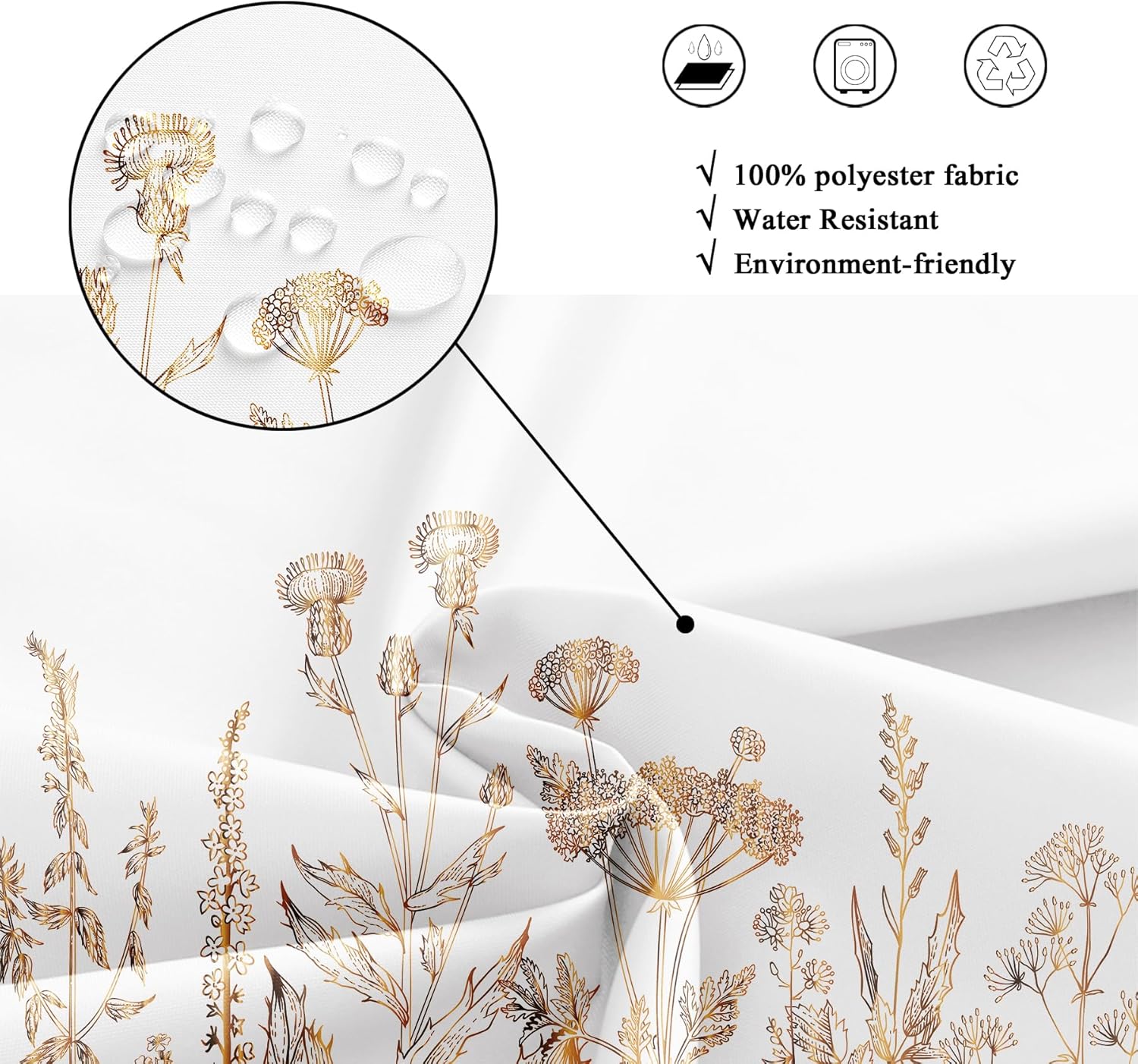 Riyidecor Cortina de ducha con flores silvestres florales de oro blanco para decoración de baño, 72 pulgadas de ancho x 72 pulgadas de alto, hierbas