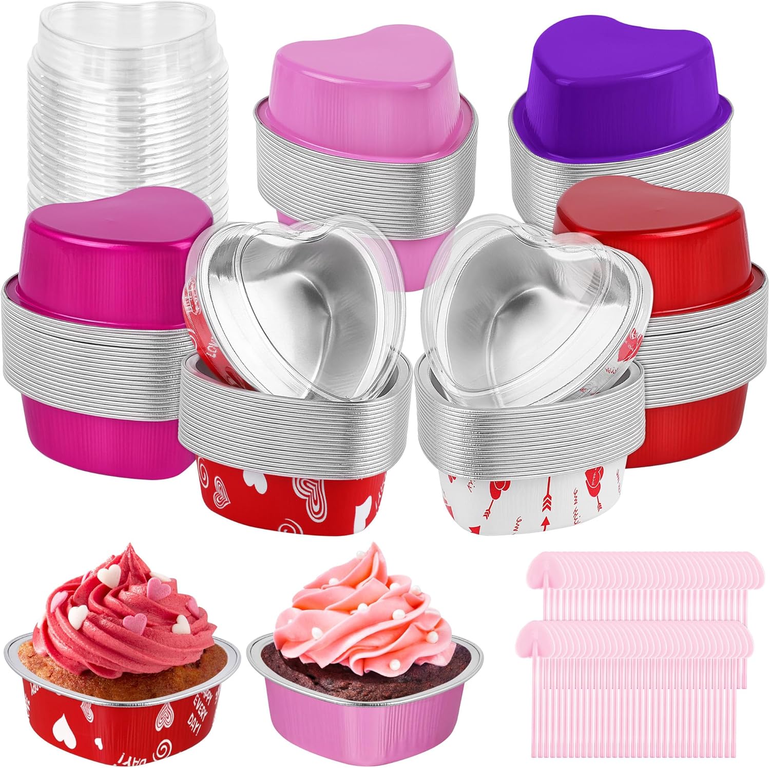 120 piezas de 3.4 onzas de 3.4 onzas en forma de corazón de San Valentín con tapas y cucharas, mini moldes de papel de aluminio para pasteles,