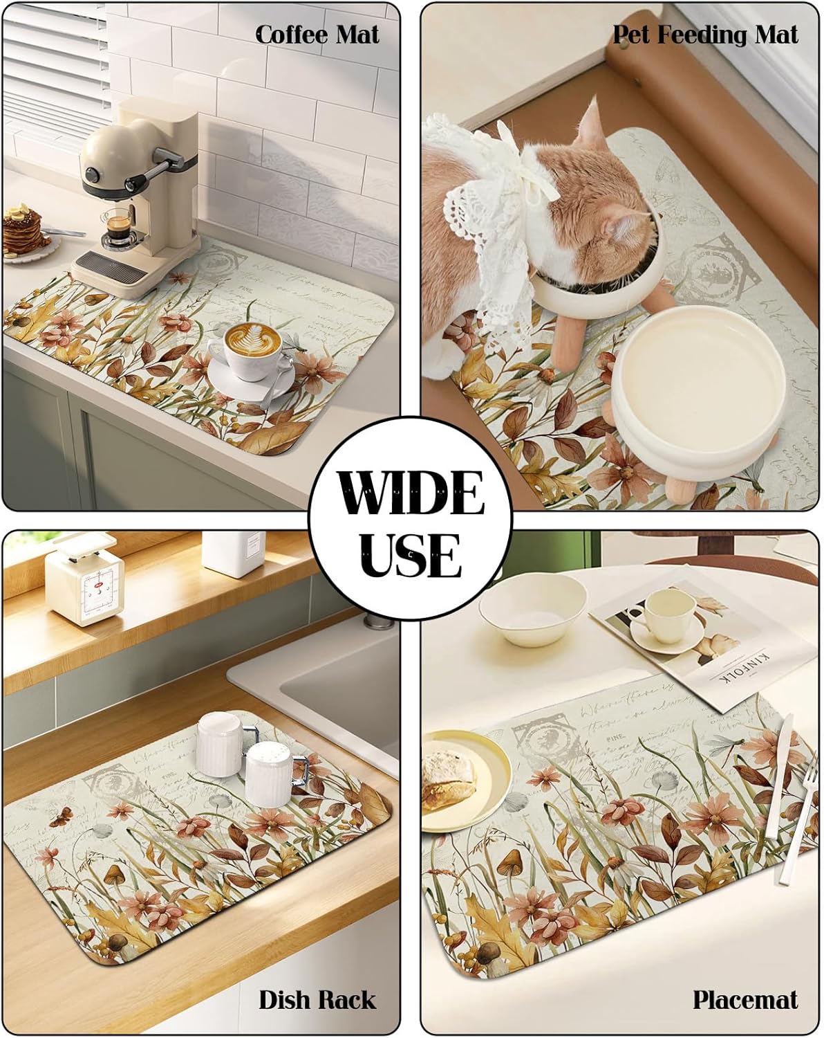 Tapete de secado de platos botánico de otoño para encimera de cocina, súper absorbente, de secado rápido, tapete delgado para fregadero de