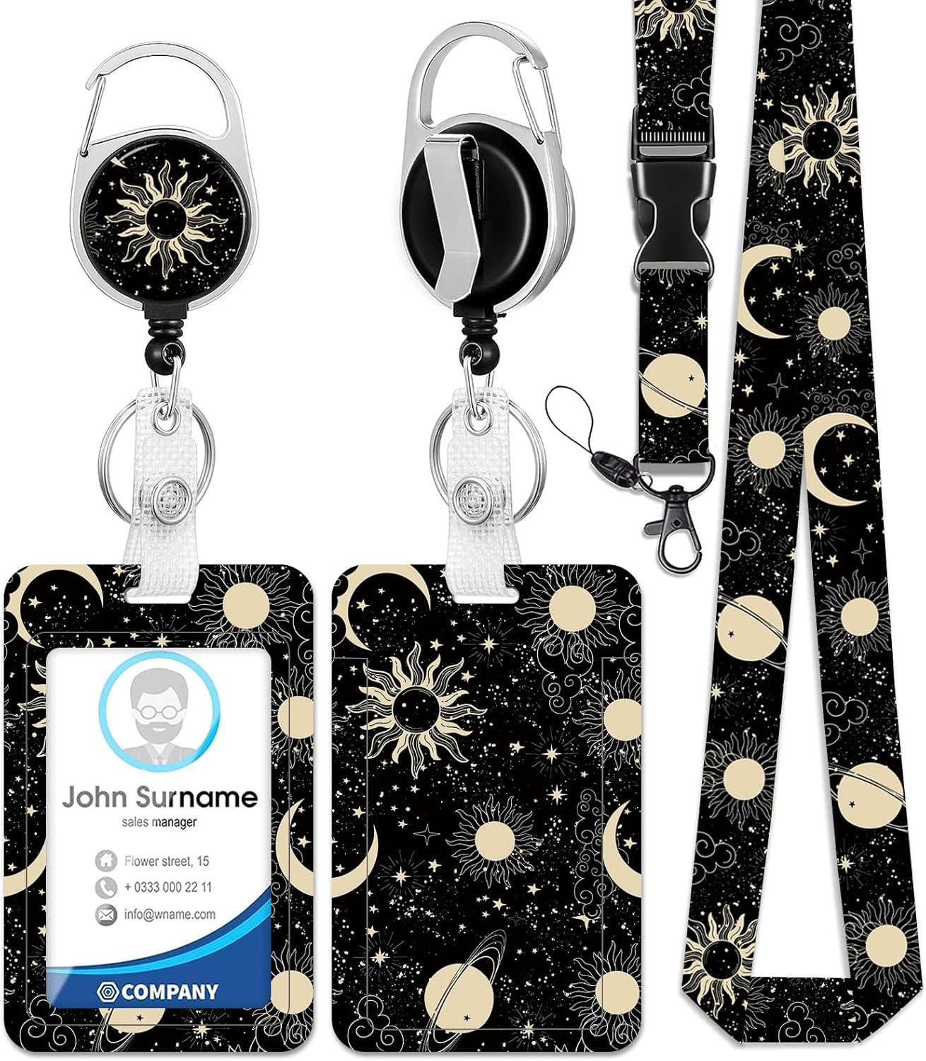 HAKUNEI Soporte para tarjeta de identificación con cordón y clip retráctil para carrete de insignia, luna, sol, tarjeta astrológica, etiqueta de