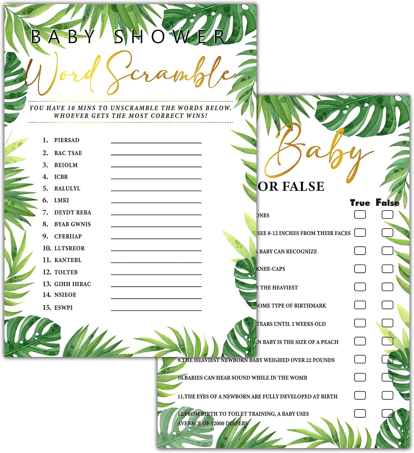 30 juegos de baby shower del bosque con 1 tarjeta de respuesta (5 x 7 pulgadas) – 2 juegos de doble cara – Oh Baby True o False & Word Scramble Game