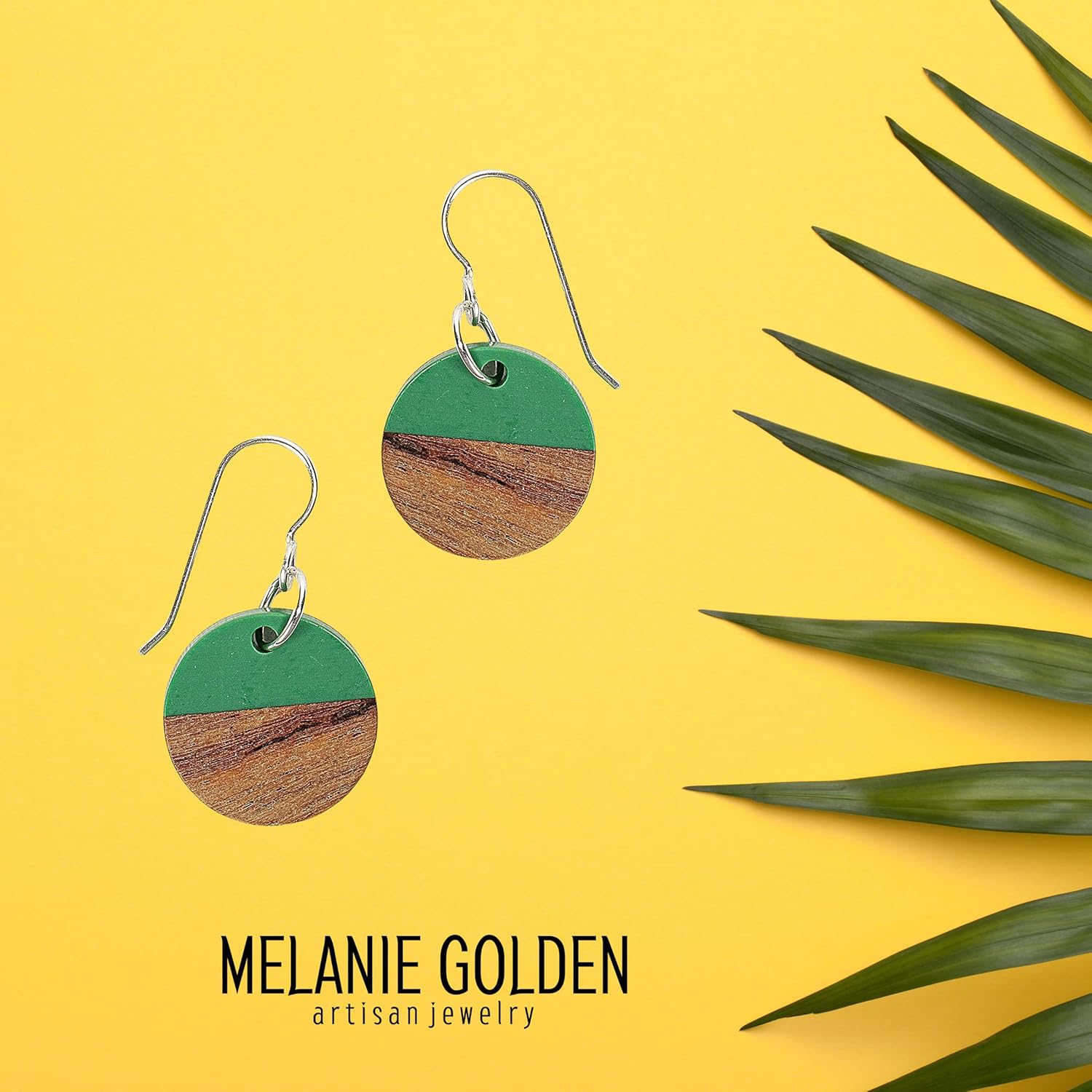 Split Resin and Wood Circle Dangle Drop Earrings  Sterling Silver Bohemian Earrings  Multiple Colors Available (Green)