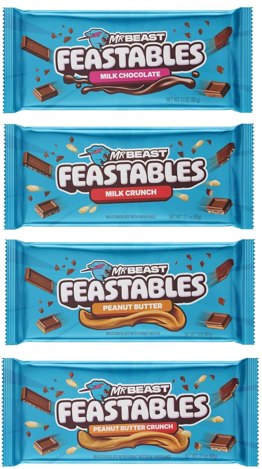 Feastables Beast Bar Crunch and Creamy Milk Bundle  Chocolate con leche, leche crujiente, mantequilla de maní y nuevo! Barras de mantequilla de maní