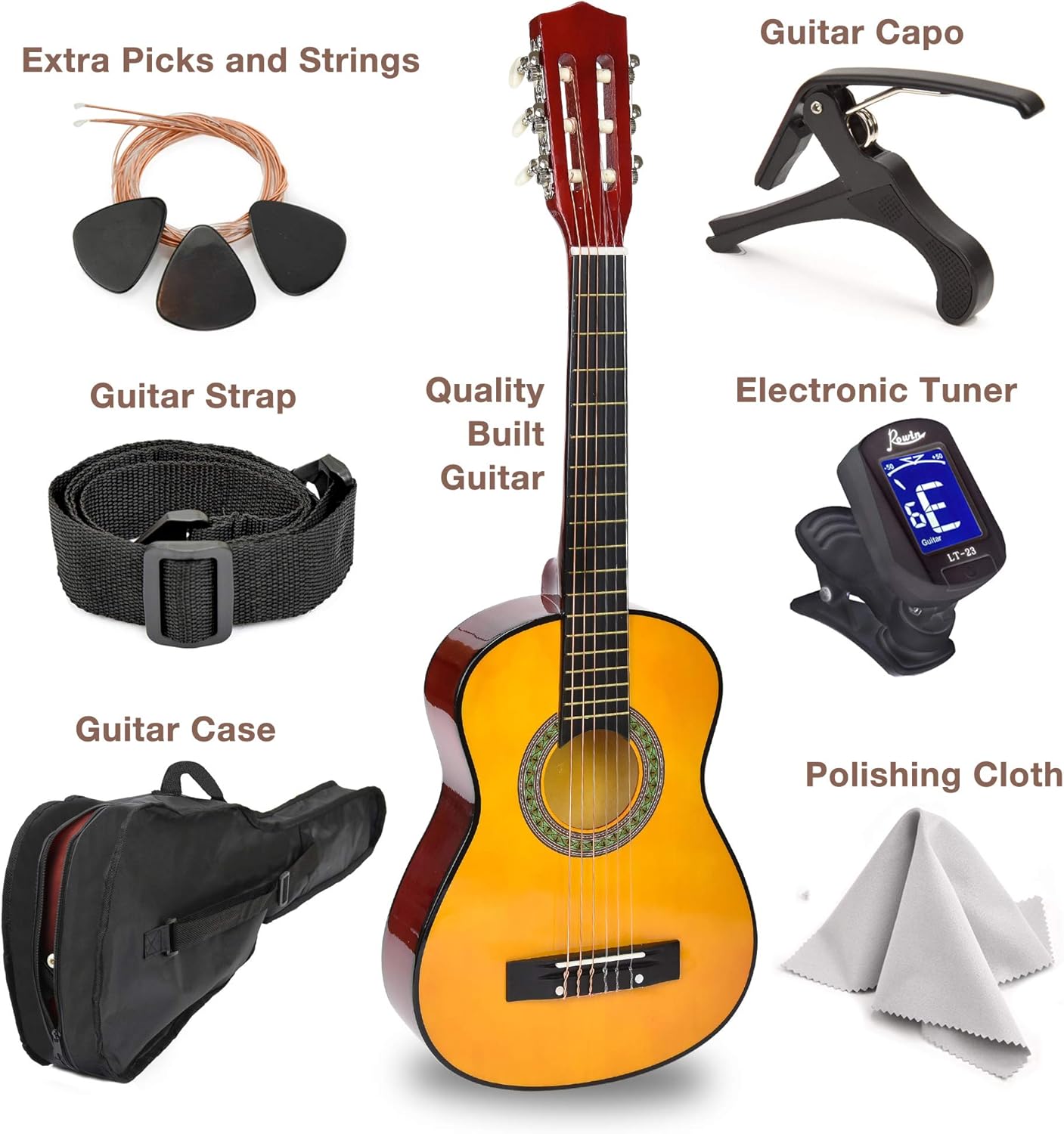 Guitarra de madera de 30pulgadas con funda y accesorios para niños, niñas y principiantes – Madera