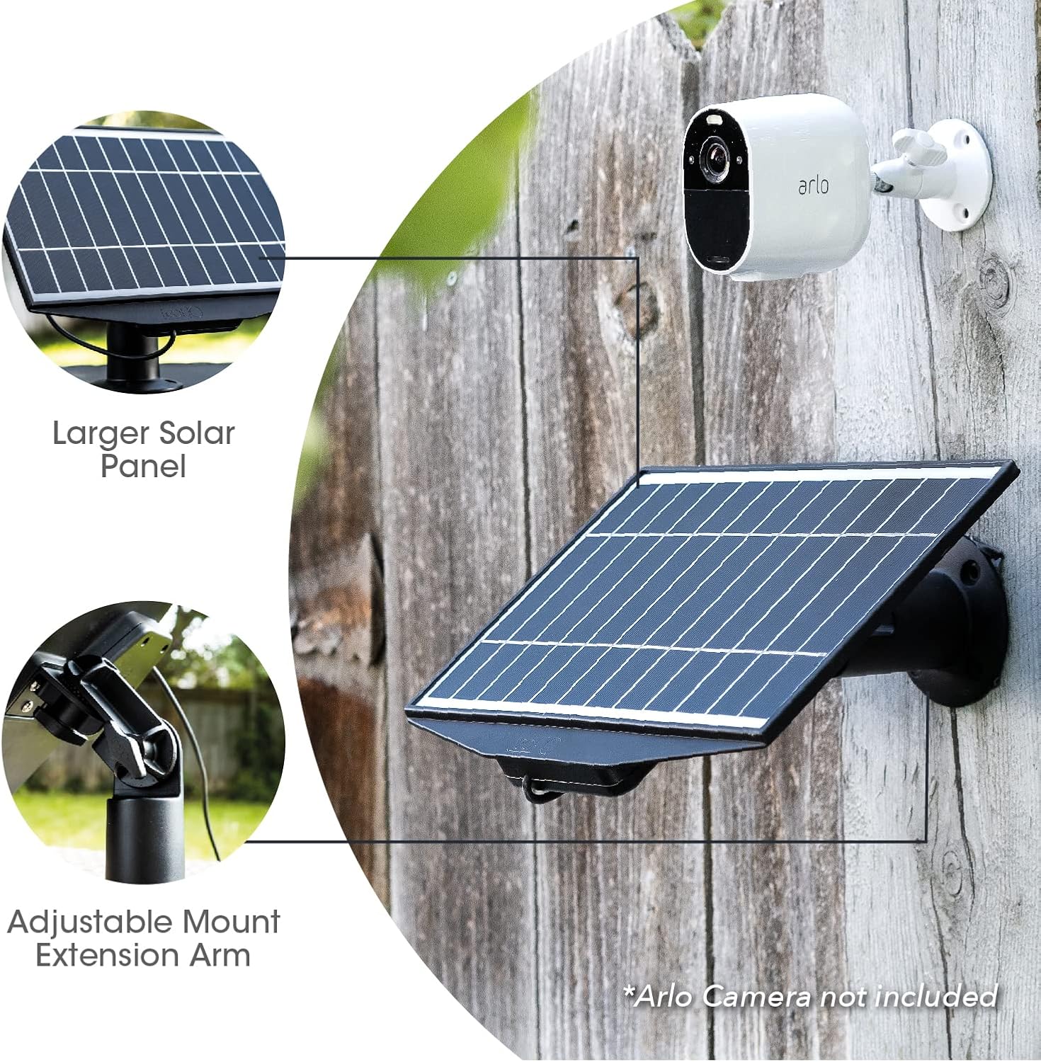 Leaf 10 Cargador de panel solar de 6 W compatible con reflector Arlo Pro 3, cámaras Pro 4 y Pro 5S para exteriores  Brazo de extensión de montaje