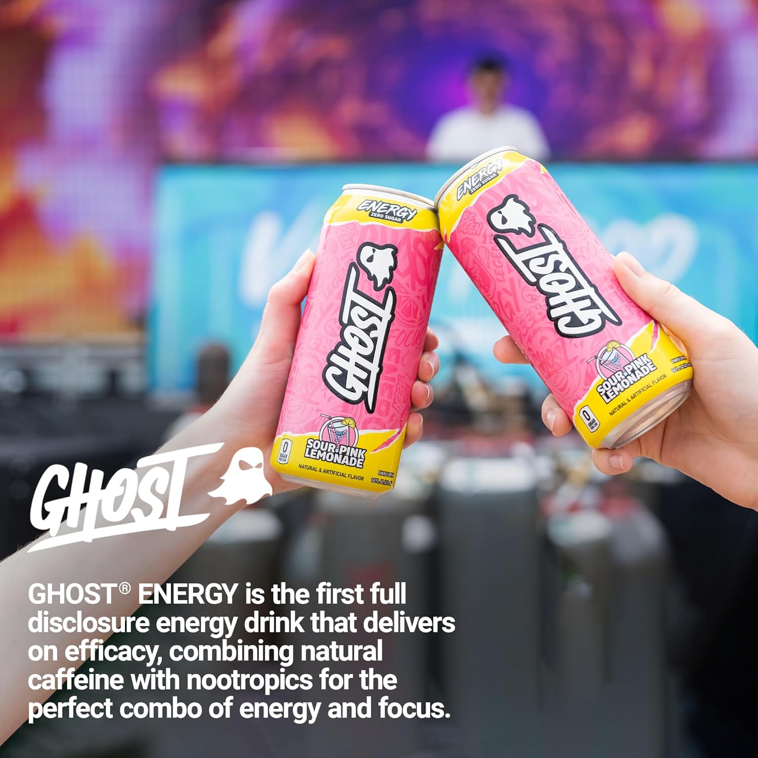 GHOST ENERGY – Bebida energética sin azúcar, paquete de 12, limonada rosa agria, latas de 16 onzas, energía y enfoque y sin colores artificiales,