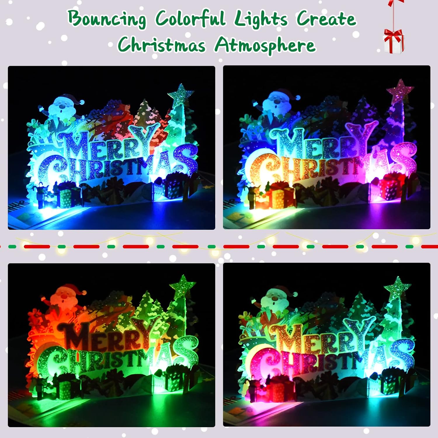 Venhoo Tarjeta de Navidad musical, tarjetas emergentes de Navidad 3D con luces y música de Feliz Navidad, diseño de doble cara, tarjeta de