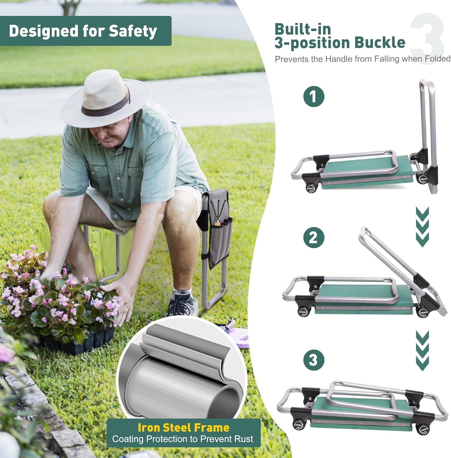 Rodillero y asiento de jardín con almohadilla de EVA suave, diseño de botón de presión, plegable y ligero, taburete de jardín con bolsa de