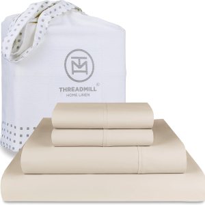 Threadmill Juego de sábanas California king, 600 hilos, 100 % algodón, 4 piezas, tejido de satén, beige claro, suaves y lisas, de alta calidad, con Threadmill Juego de sábanas California king, 600 hilos, 100 % algodón, 4 piezas, tejido de satén, beige claro, suaves y lisas, de alta calidad, con