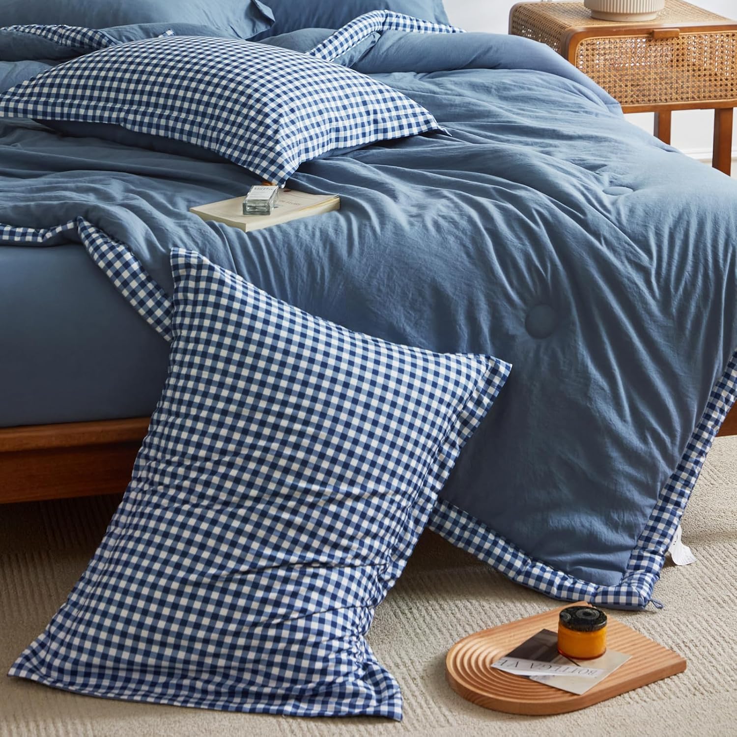WARMDERN Juego de edredón de cuadros de búfalo tamaño King, juego de edredón ligero y suave, juego de ropa de cama tamaño King de 7 piezas con