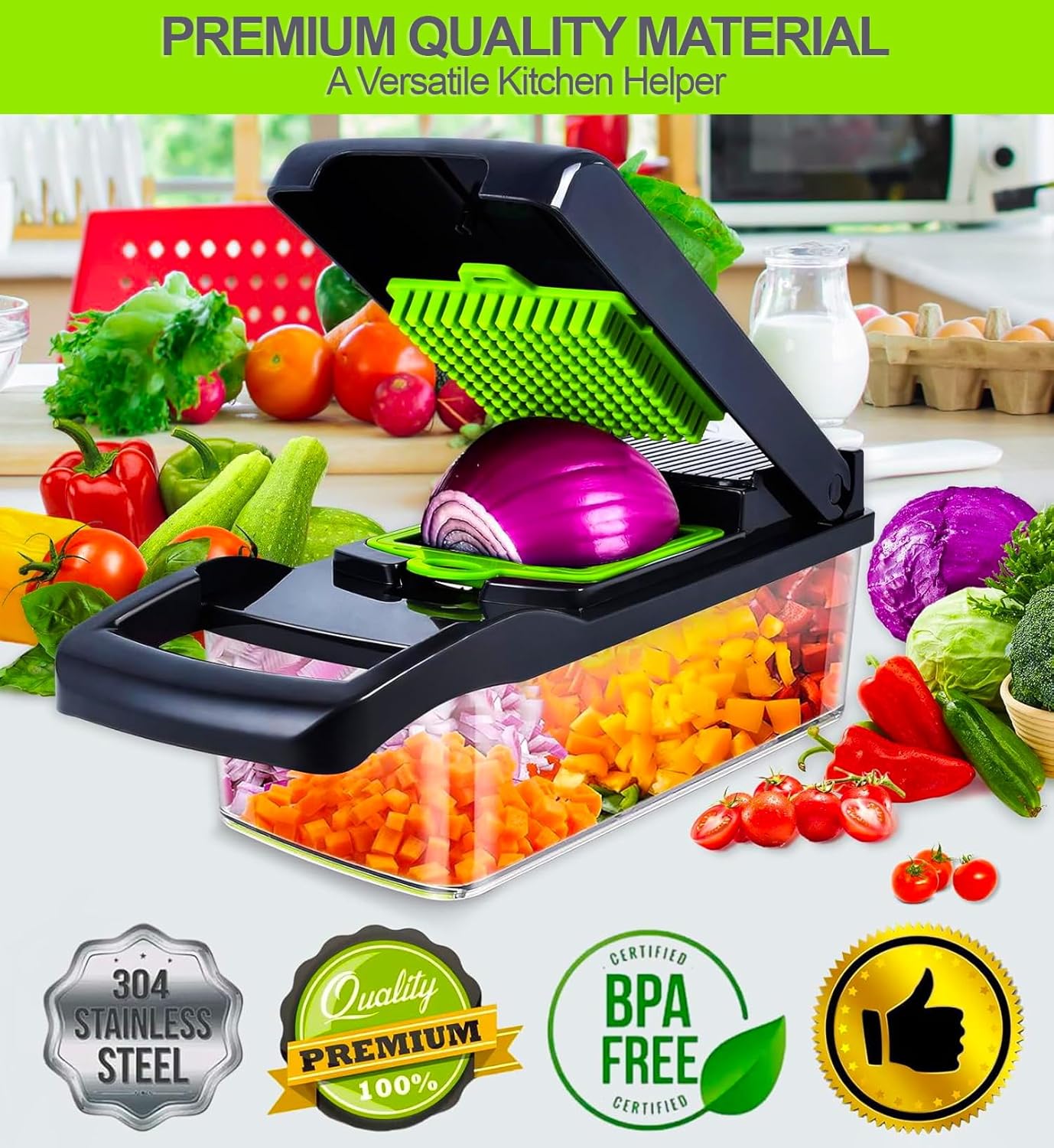 TRADEBLAZE Picador de verduras con recipiente, cortador de verduras multifuncional 15 en 1, apto para lavavajillas con material libre de BPA,