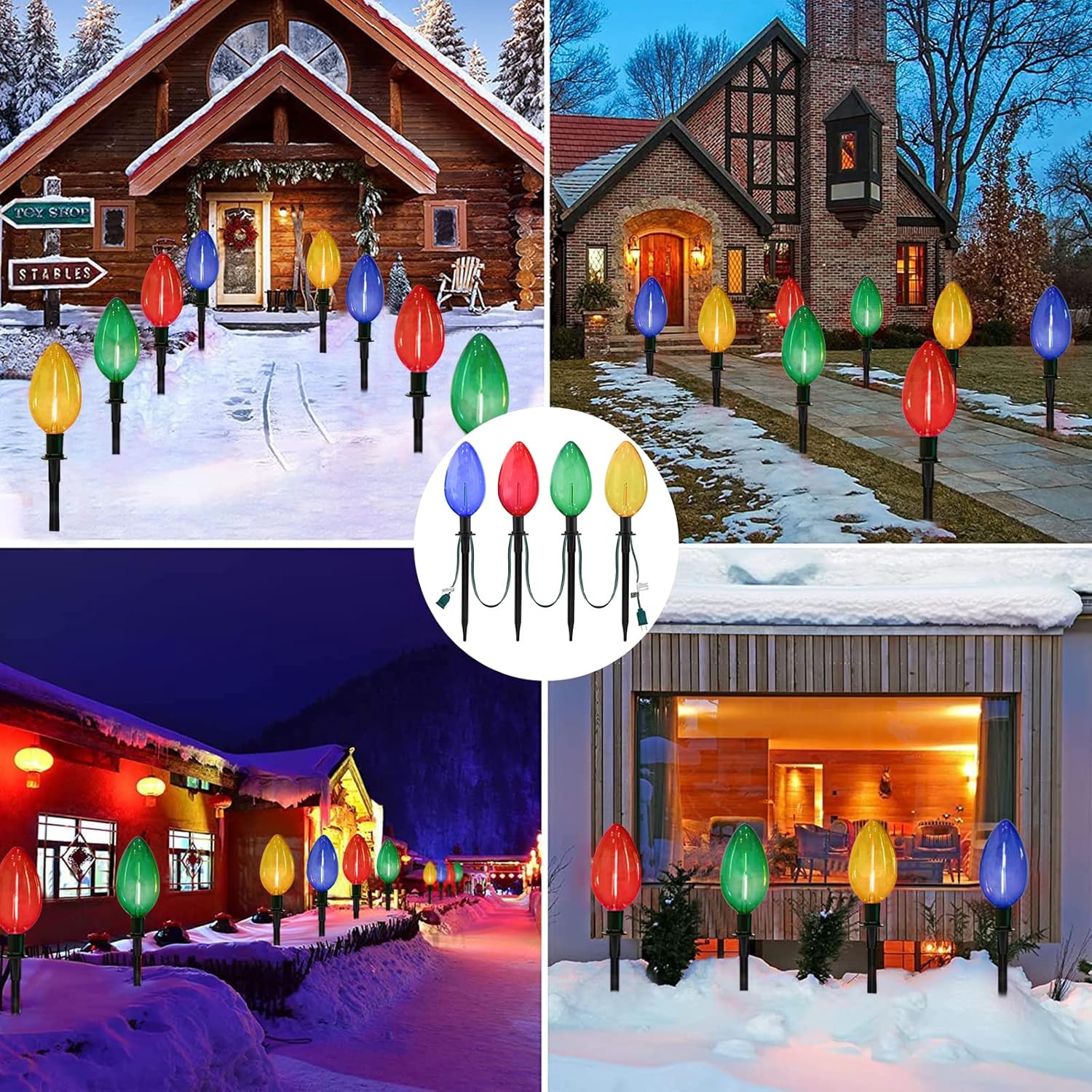 Luces de camino multicolor C9, 2 juegos de luces de 7 pies para exteriores con 8 bombillas LED multicolor C9 gigantes, luces de pasillo de Navidad