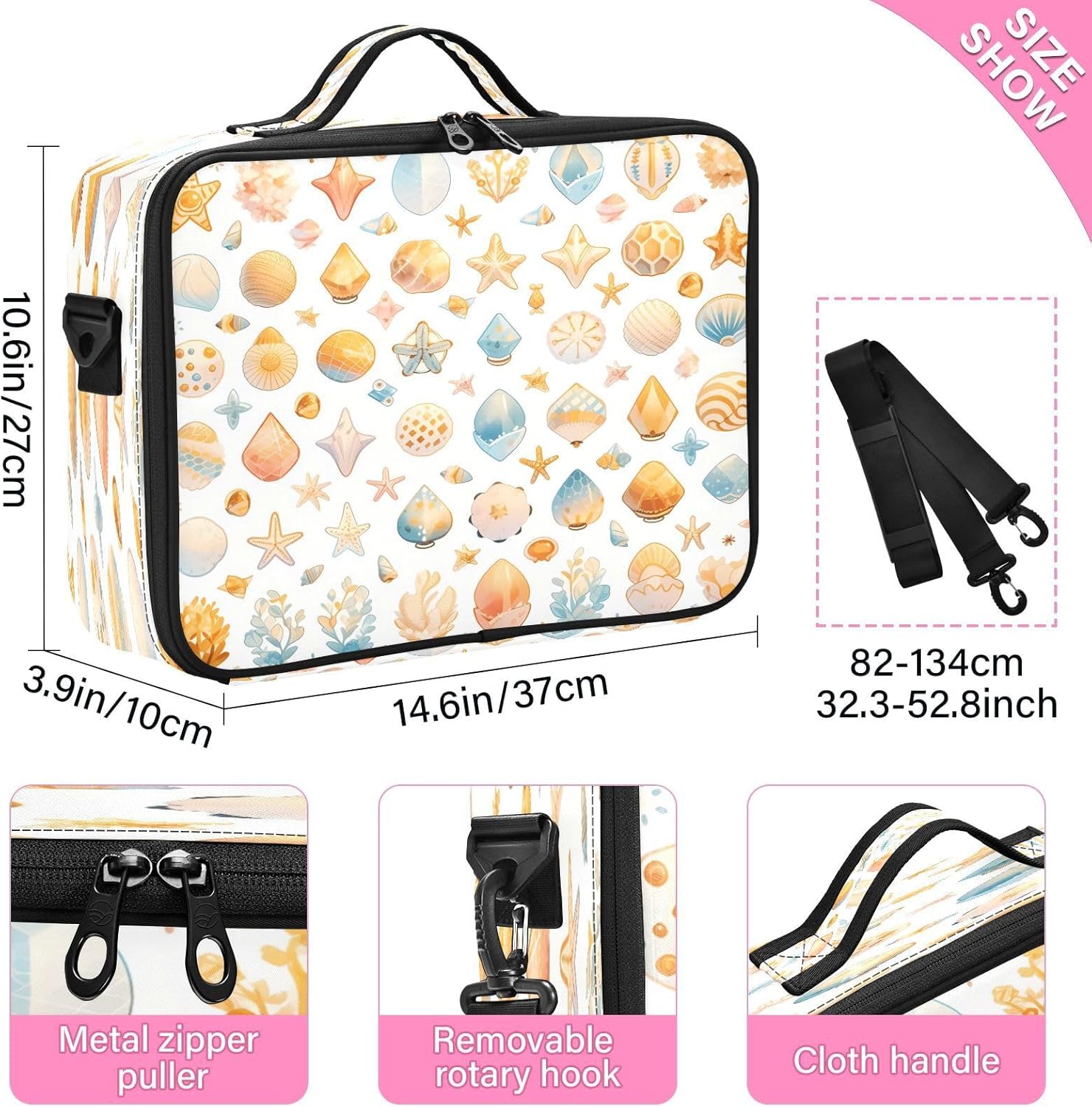 Shells Ocean Waves Beach Starfish White cosmetic bag travel toiletry makeup make up travel bag bag with compartments large travel makeup bag bolso