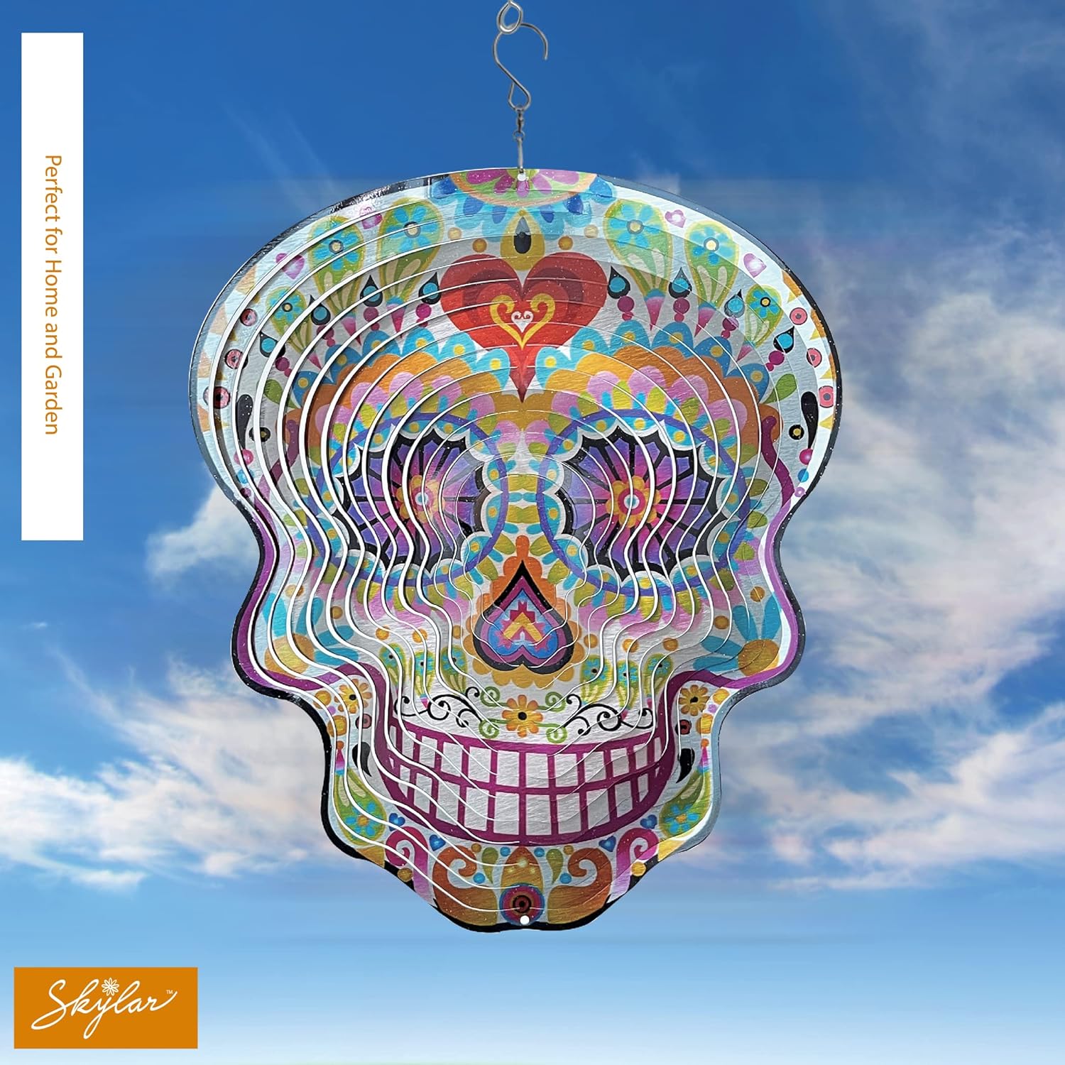 Skylar Hilandero de viento de calavera Calavera degradado de color 3D, veleta del Día de los Muertos de 12 pulgadas  Decoración cinética de acero