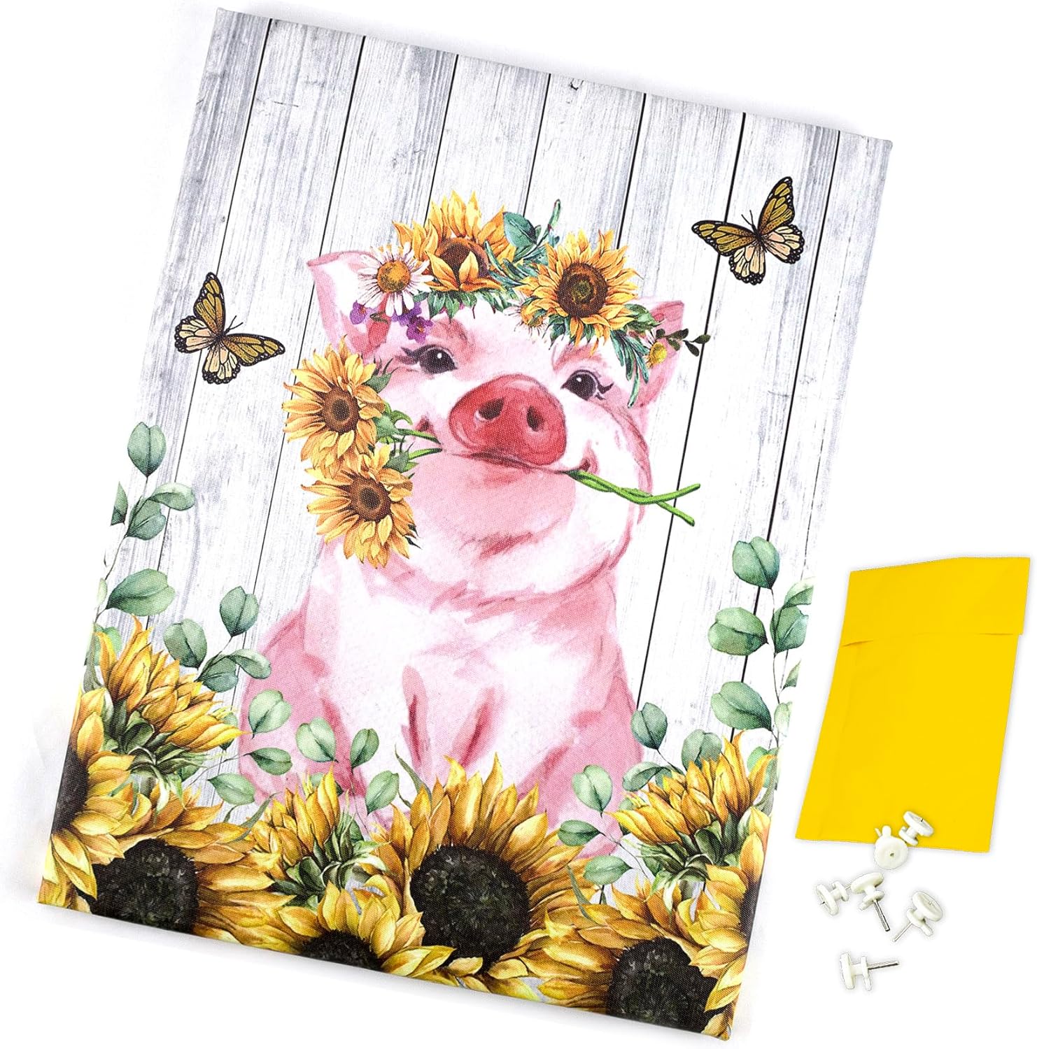 HVEST Arte de pared de girasol de cerdo, lindo cerdo y girasoles con mariposa en tablero rústico, pintura abstracta, lienzo de granja para baño,
