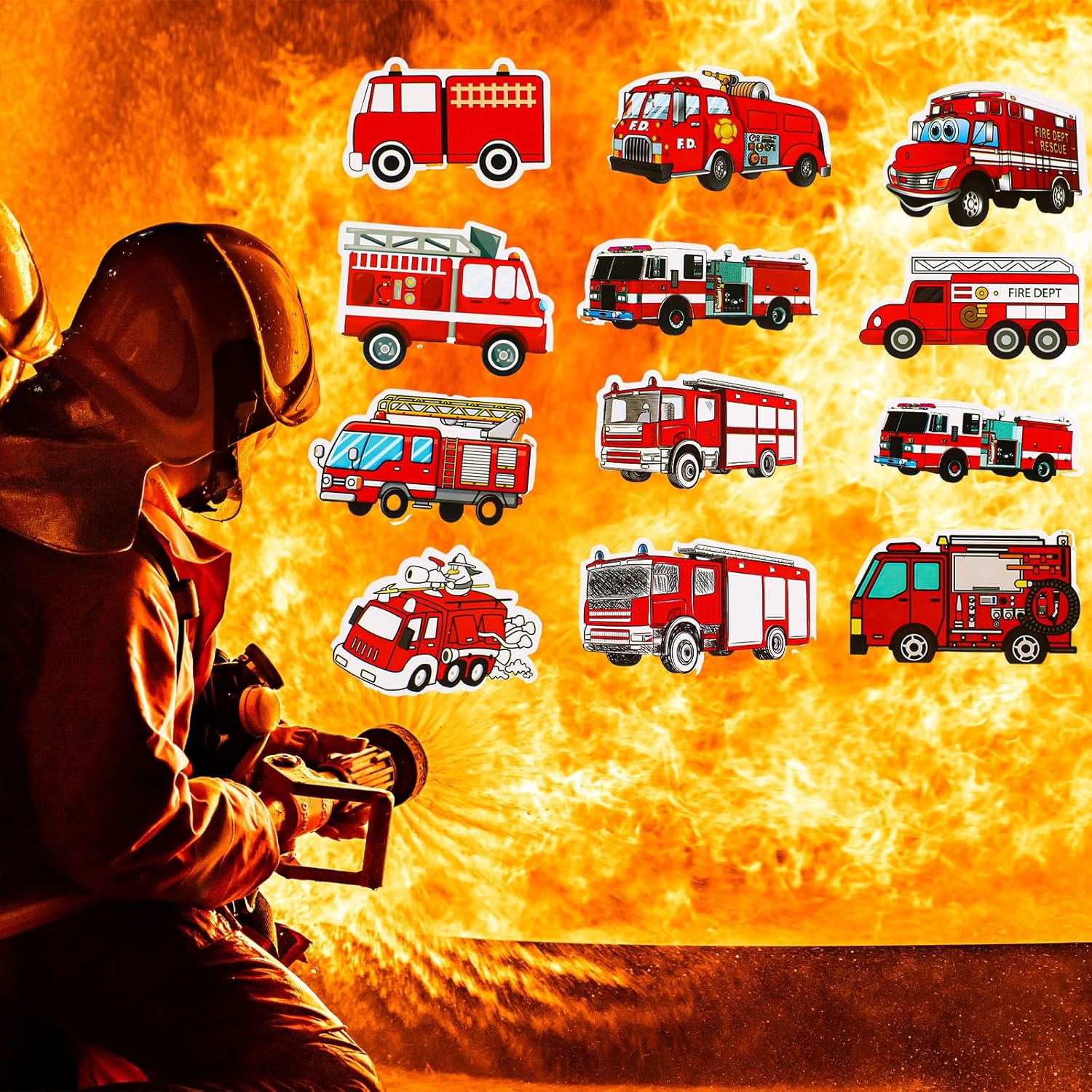 Glenmal 100 calcomanías de camión de bomberos para niños, calcomanías de bomberos, lindos camiones de bomberos, regalos de fiesta de cumpleaños,