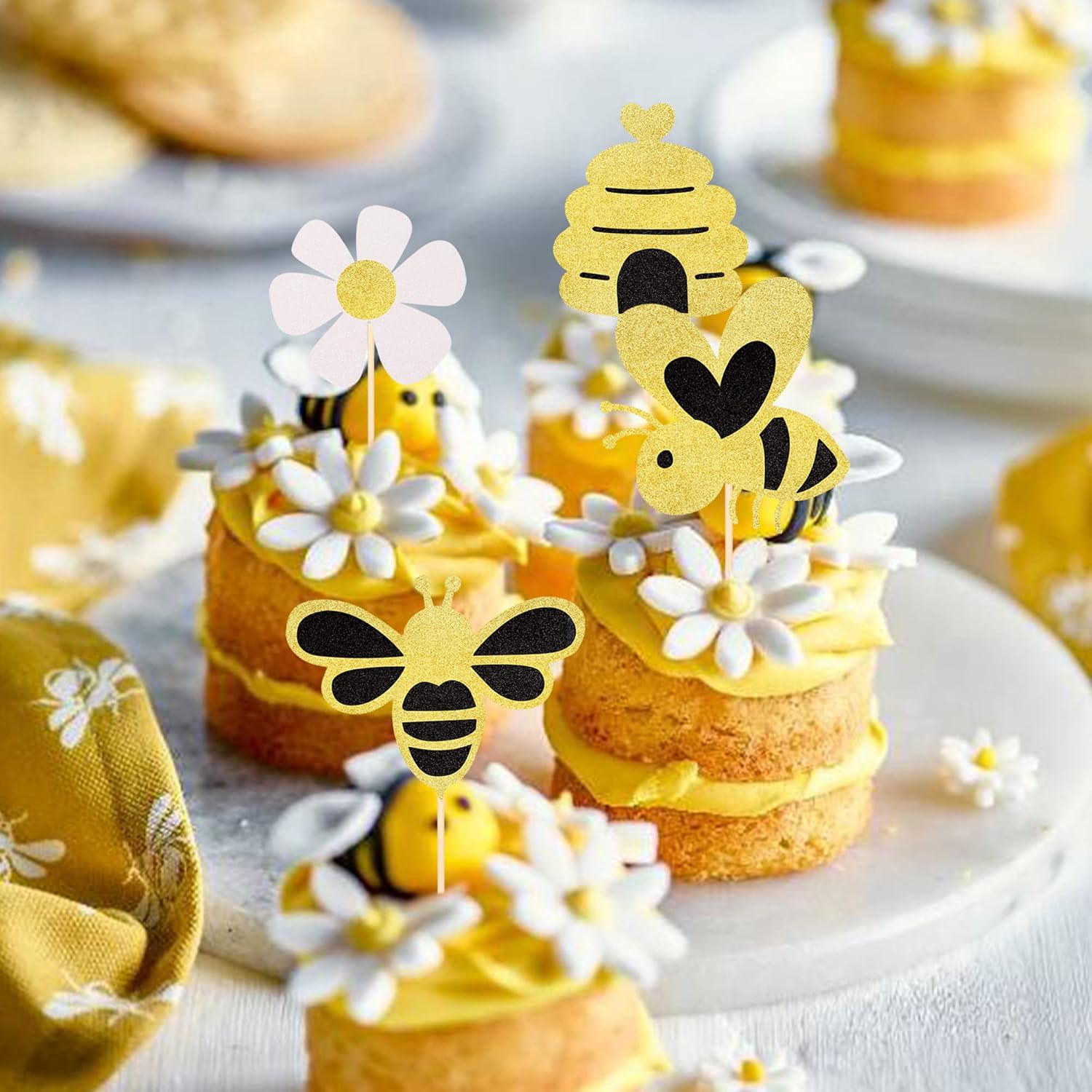 Paquete de 24 adornos para cupcakes de abejorros con purpurina de abeja, panal, panal, cupcakes, para revelación de género, baby shower, niños,