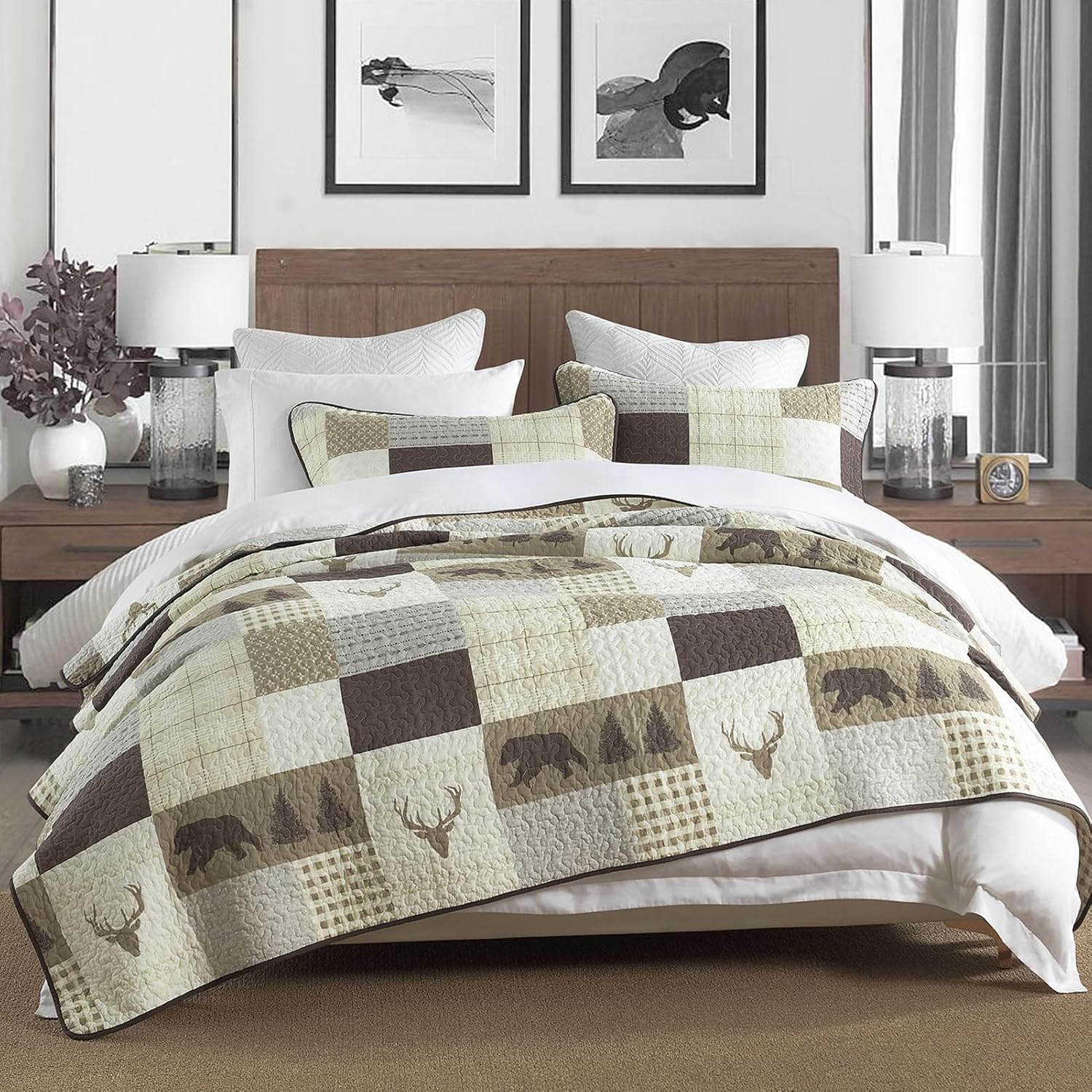 Juego de edredón tamaño King, colcha rústica de 100 % algodón para cama King, edredón reversible y ligero con patrones de vida silvestre,