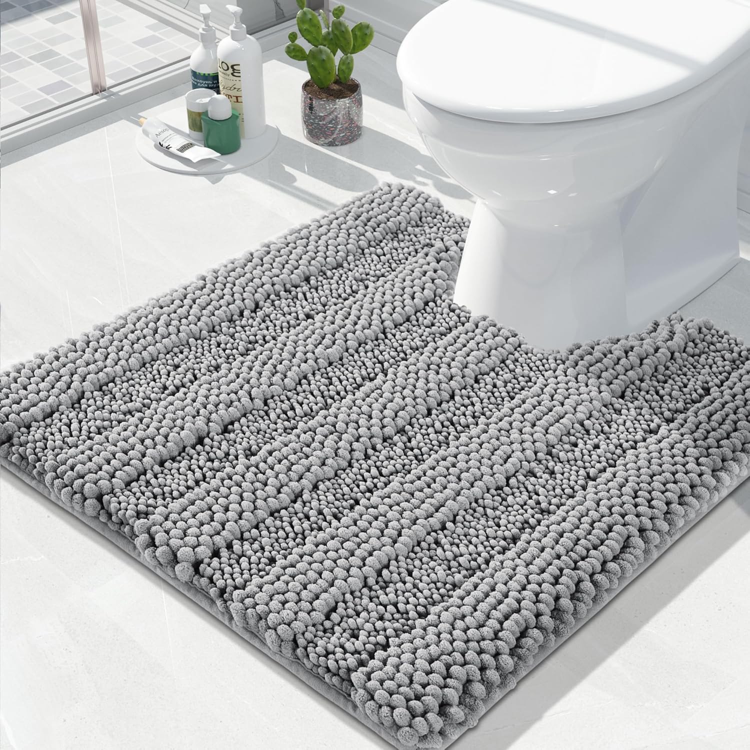 Yimobra Alfombra de baño para inodoro en forma de U, tapete de contorno de felpilla de lujo para baño, alfombra suave y cómoda, absorción de agua,