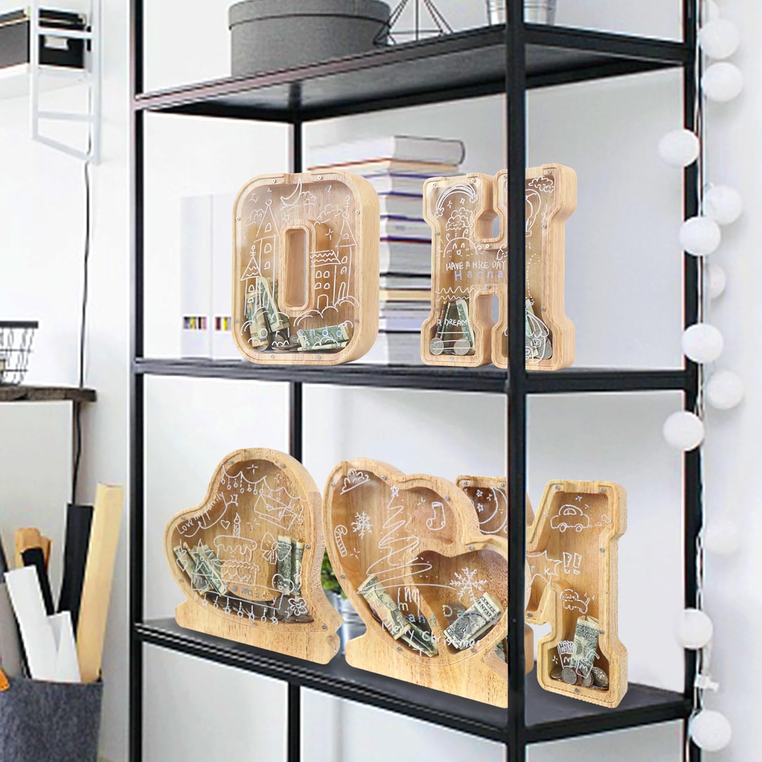 weallbuy Alcancía de madera grande con letras para niños y niñas, alcancías personalizadas de madera de la A a la Z con área objetivo, letras del