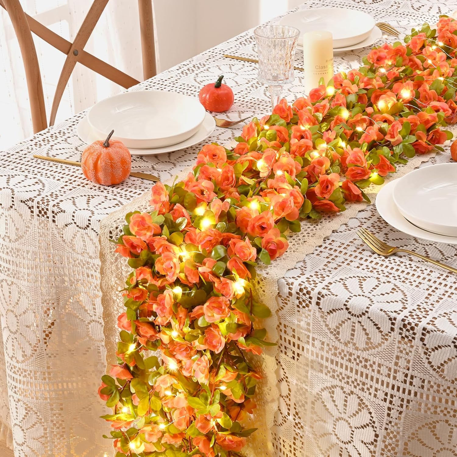 BLEUM CADE 5 guirnaldas de flores artificiales de 41 pies con cadena de luces de 32.8 pies, lindas flores colgantes falsas para decoración de bodas,
