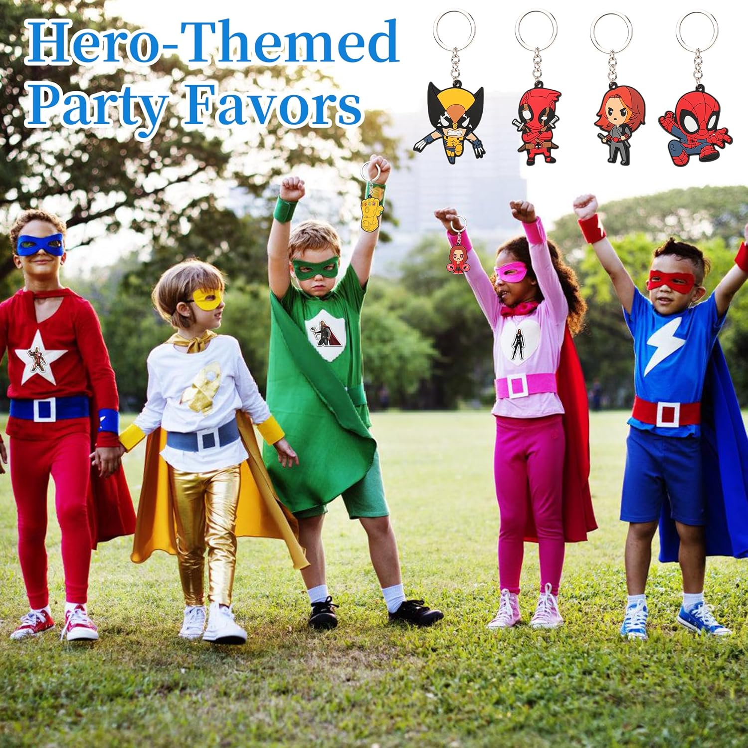 74 calcomanías de cómics de superhéroes para fiestas temáticas de héroes, coleccionar llaveros para regalos de fiesta a granel, día escolar,