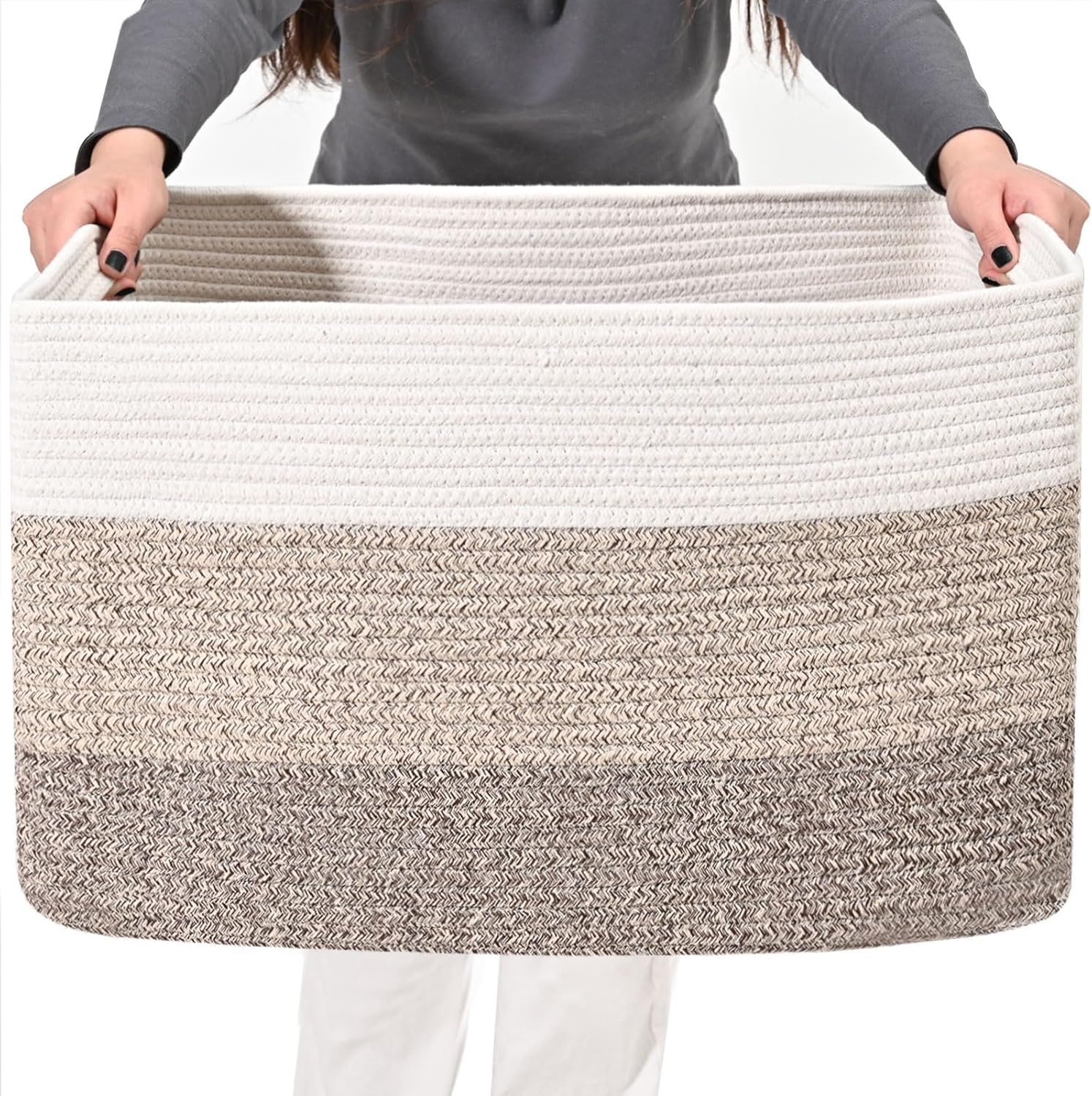 Cesta rectangular grande para manta de 75 litros, cesta de almacenamiento para organizar, cestas tejidas de cuerda de algodón para almacenamiento de