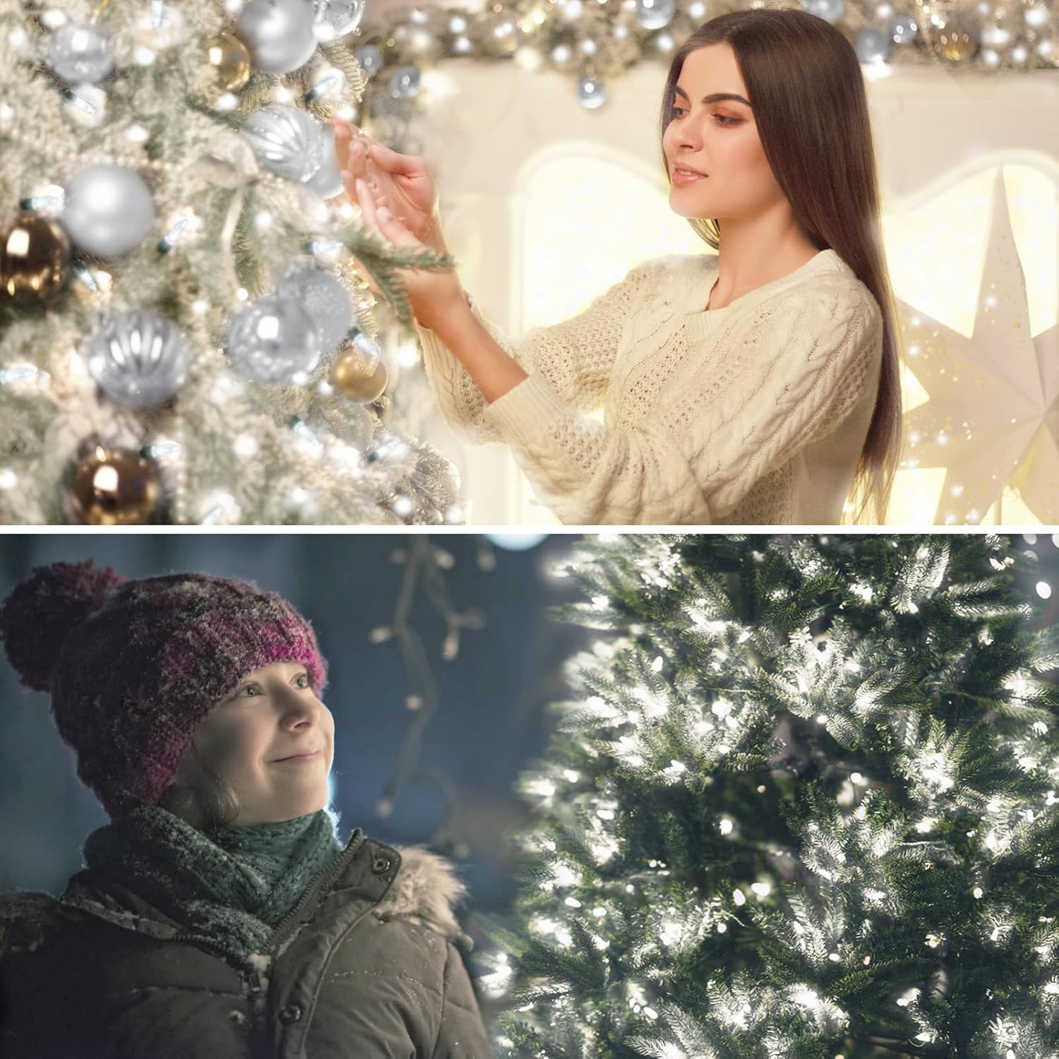 Luces de Navidad a pilas, paquete de 2 mini tiras de 50 luces LED de 17 pies con 8 modos de temporizador automático, luces de árbol impermeables